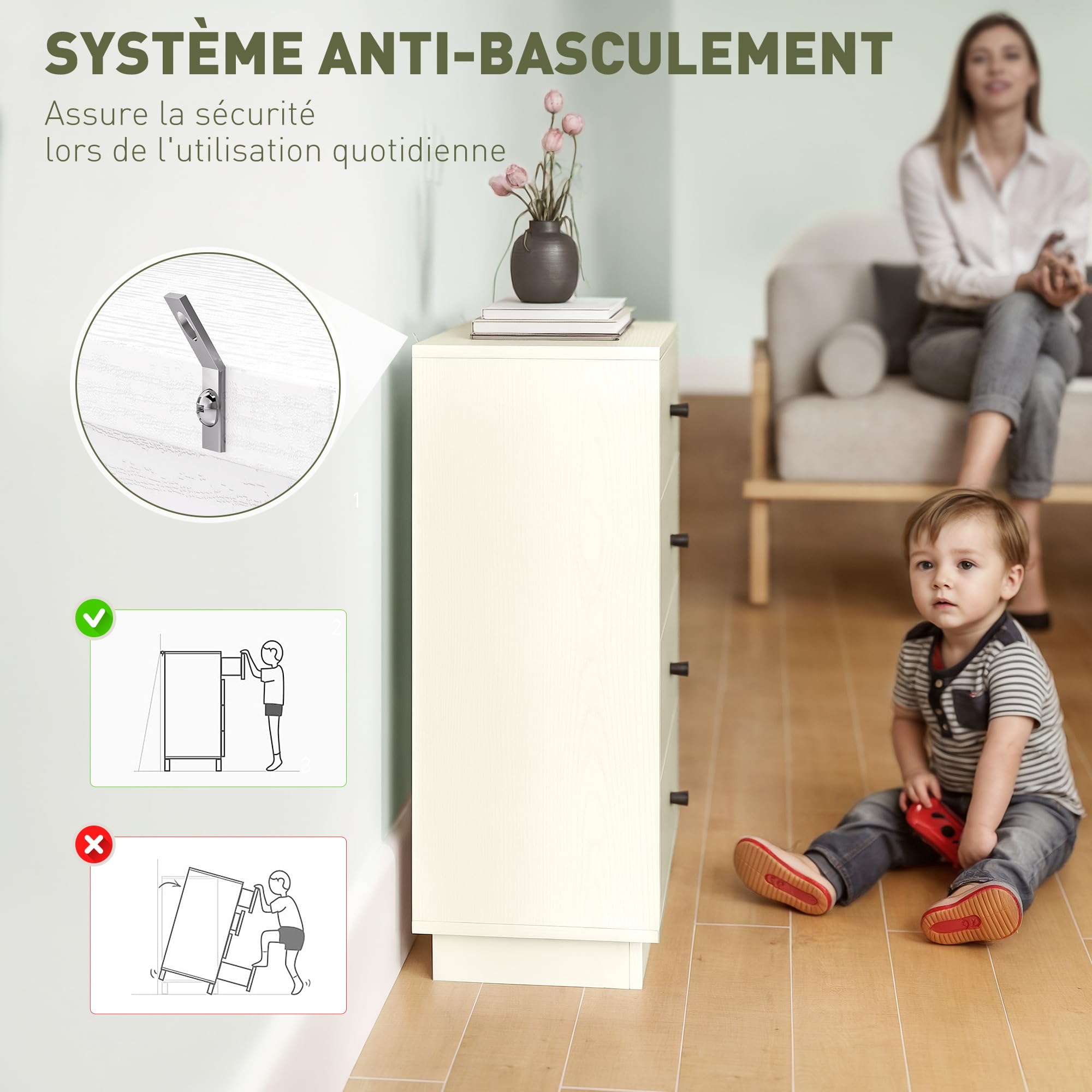 HOMCOM Commode 5 Tiroirs Moderne avec Poignées 47 x 29 x 95 cm Crème
