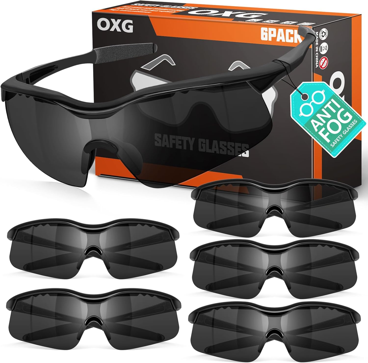 OXG 6 Pack Anti-Fog Safety Glasses, ANSI Z87+ Impact & Scratch Resistant Protective Eyewear for Work, Lab, Construction