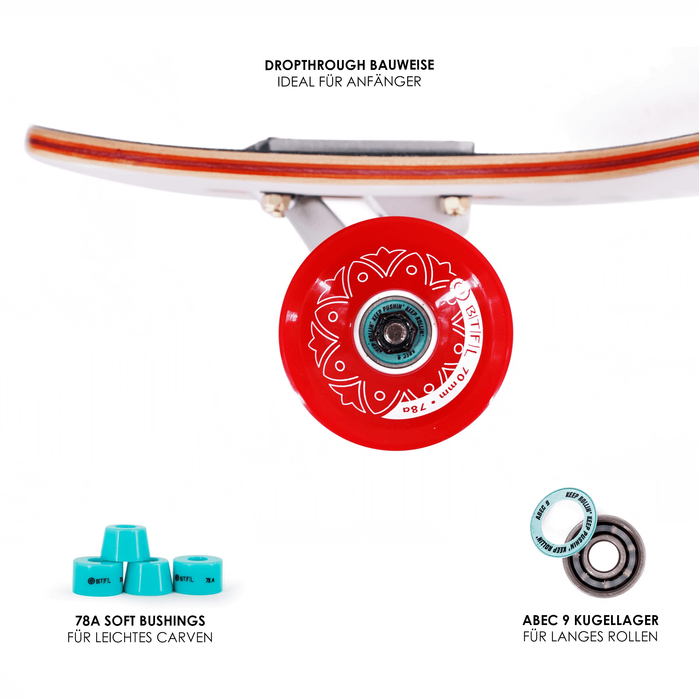 BTFL Drop-Through Longboard Skateboard für Mädchen, Komplett-Board mit ABEC 9 Kugellager, Cruiser für Anfänger und Fortgeschrittene: Chloe, Flora, Malou, Polly3, Yuva, Kayla, Keanu