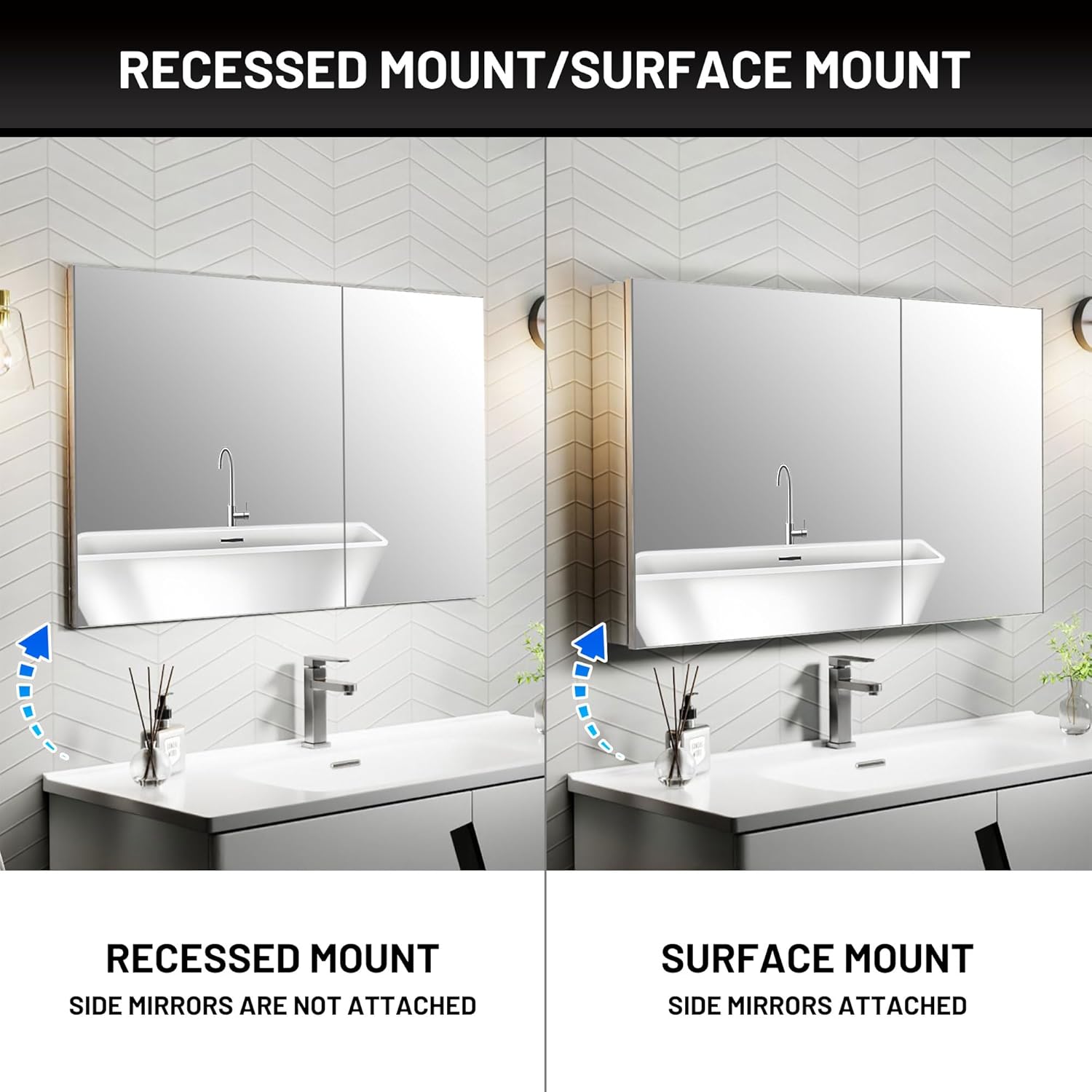 36 x 24 Medicine Cabinet Mirror for Bathroom,Assembly Required,Aluminum Alloy Frame,Recessed/Surface Mounted,Mirrored Side Panel,Adjustable Shelves,Bathroom Medicine Cabinet with Mirror