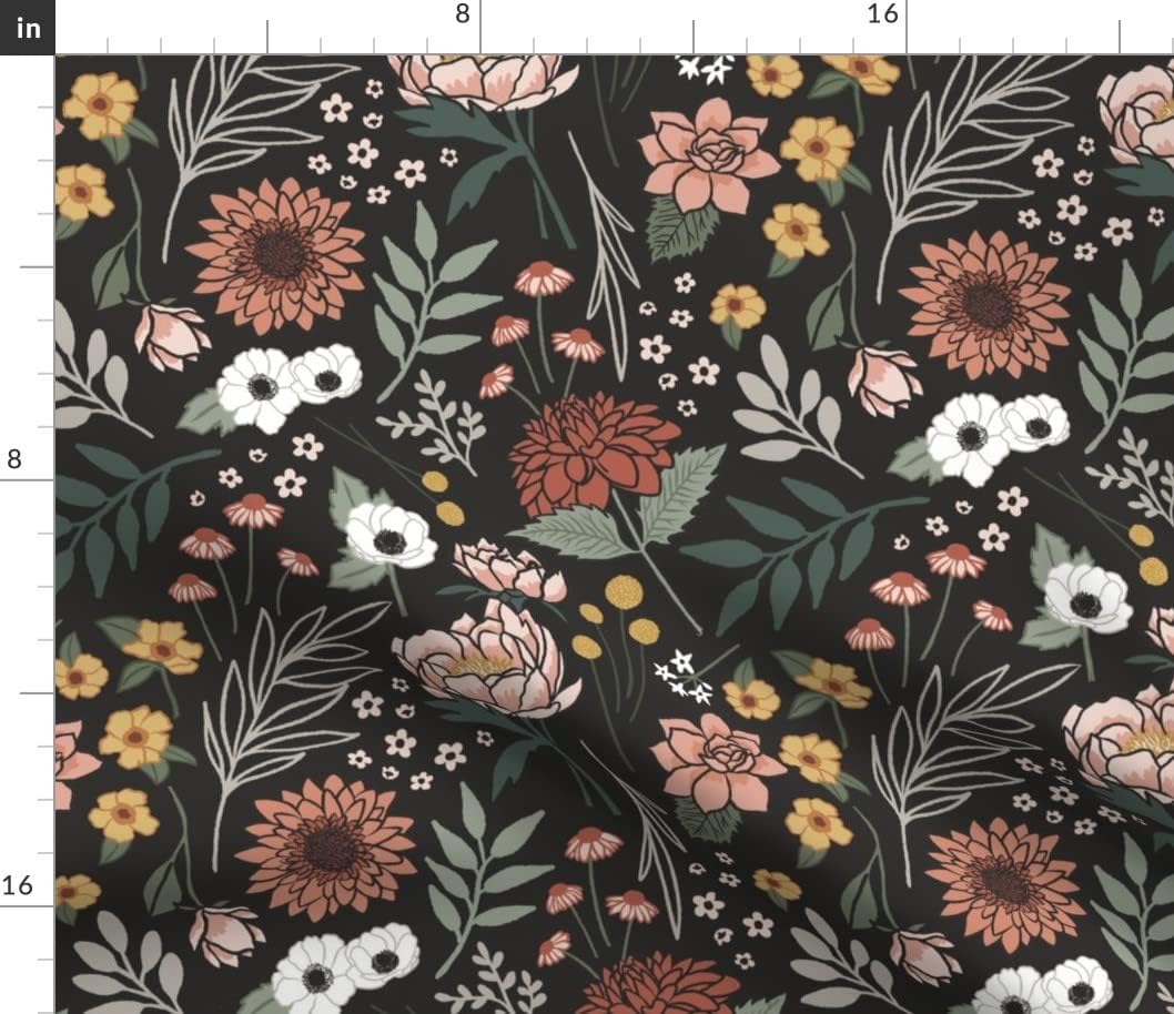 Spoonflower Fabric - Dark Boho Floral Mustard Bohemian Sage Green Botanical Dusty Rose Printed on Petal Signature Cotton Fabric Fat Quarter - Sewing Quilting Apparel Crafts Decor