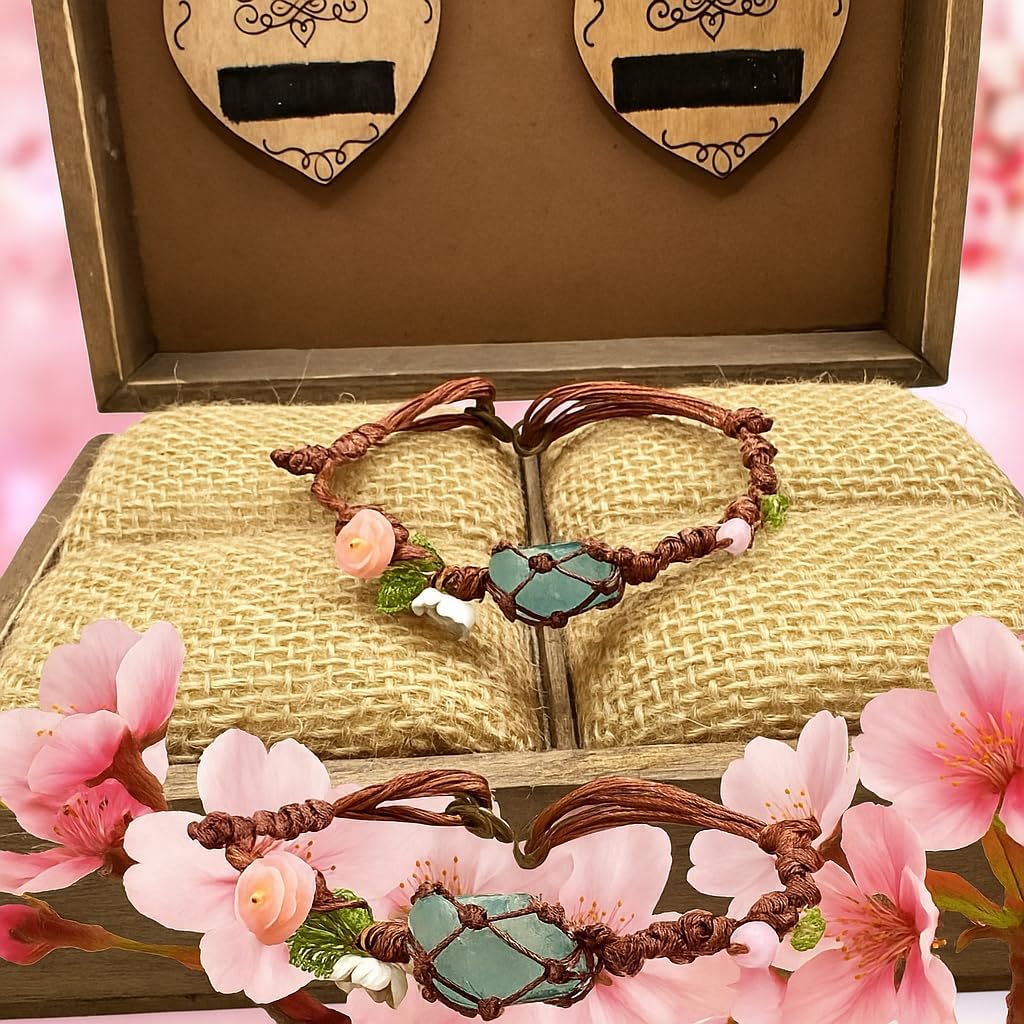 Handmade Boho Aquamarine Bracelet – March Birthstone Jewelry with Pink Rose & White Daisy, Adjustable Natural Gemstone Bracelet for Women, Floral Light Blue Crystal Bracelet Gift for Her - Image 9