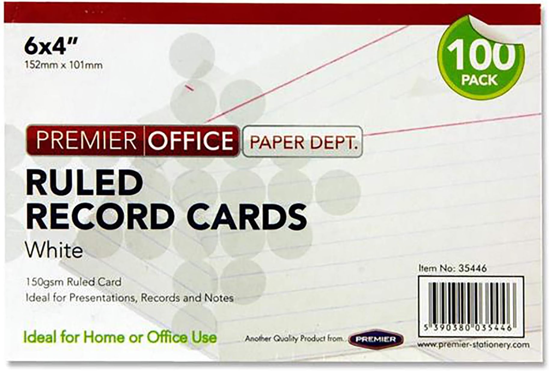 Index Record Cards, White - Pack of 100, Ruled - Size 6" x 4