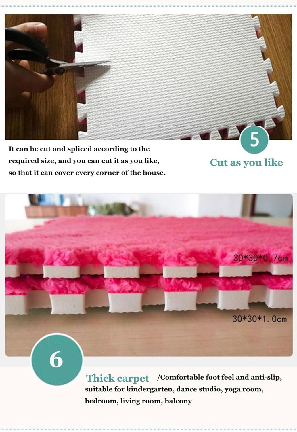 30pcs Square Interlocking Carpet Tiles with Border, Fluffy Anti Slip Puzzle Jigsaw Floor Tiles Play Mat, Plush Foam Floor Mat Eva Foam(Light Brown+Rose Red)