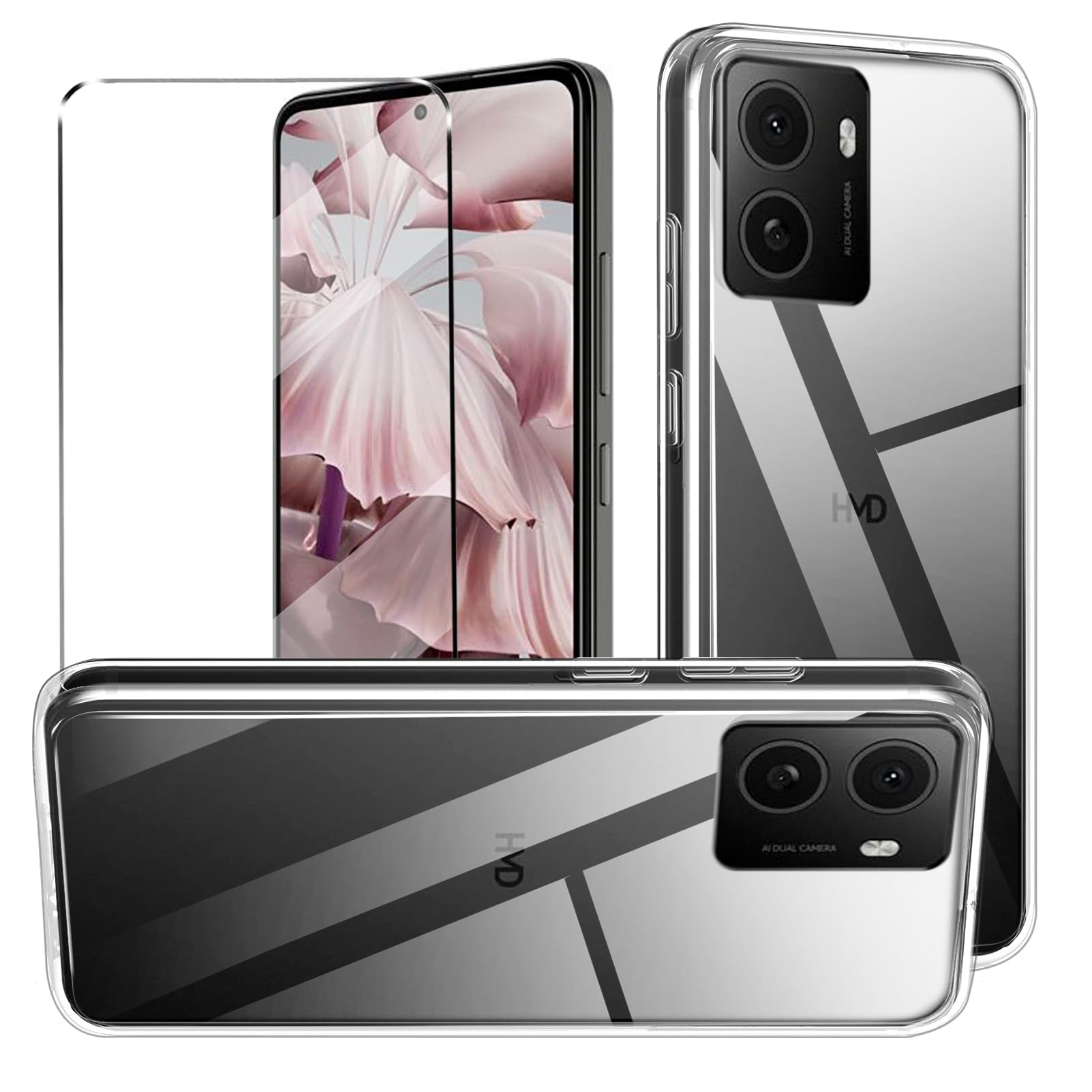 2-in-1 Case for HMD Pulse Plus/Pro with Tempered Glass Screen Protector - Slim Fit Soft TPU Shockproof Anti-Scratch Phone Cover - Clear