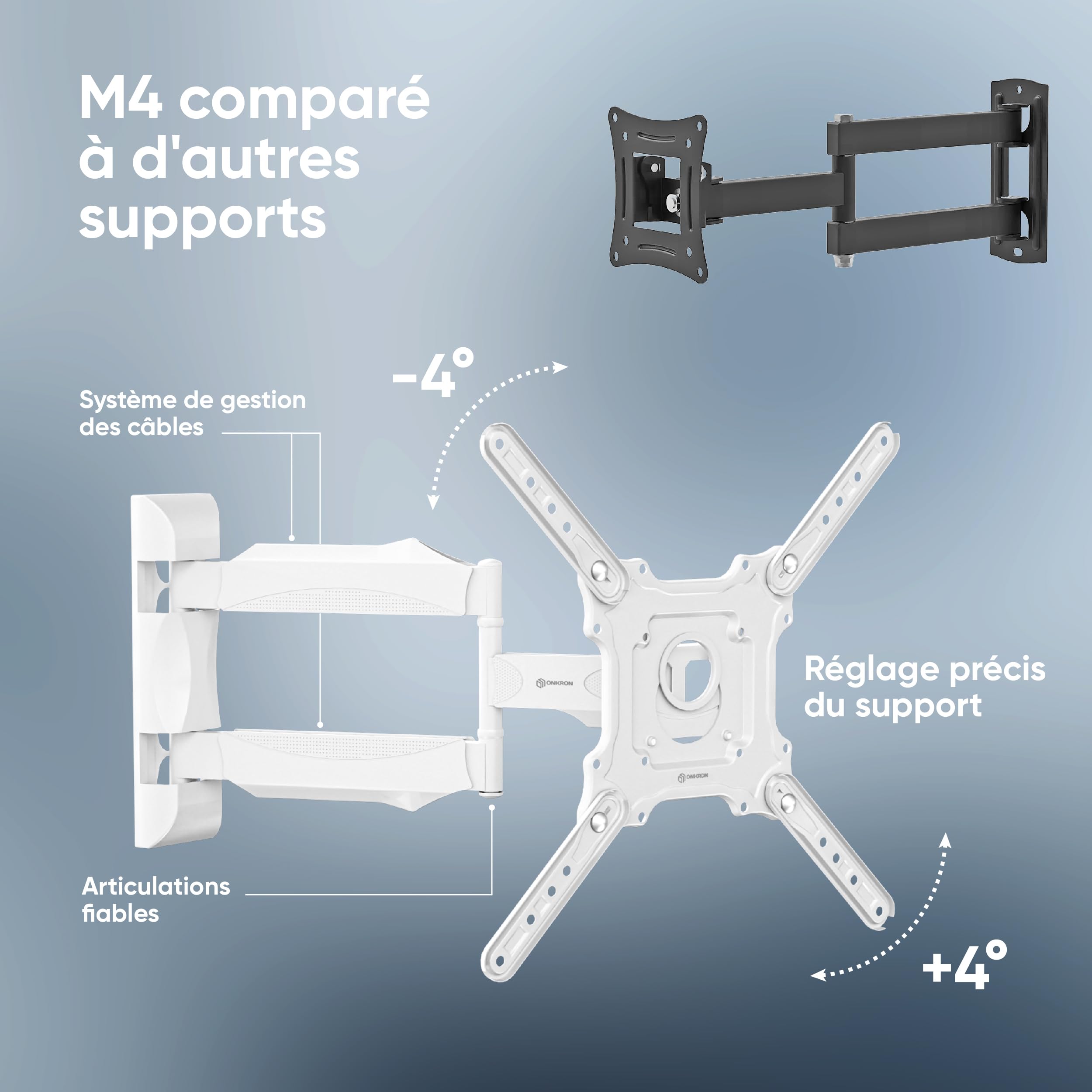 ONKRON Support Mural TV pour 32-65 Pouces Poids de 35 kg, Bras Television Mural VESA 100x100-400x400, Support TV Mural Orientable, Fixation Tele Murale Inclinable, Accroche Tele Pivotant Blanc M4-W