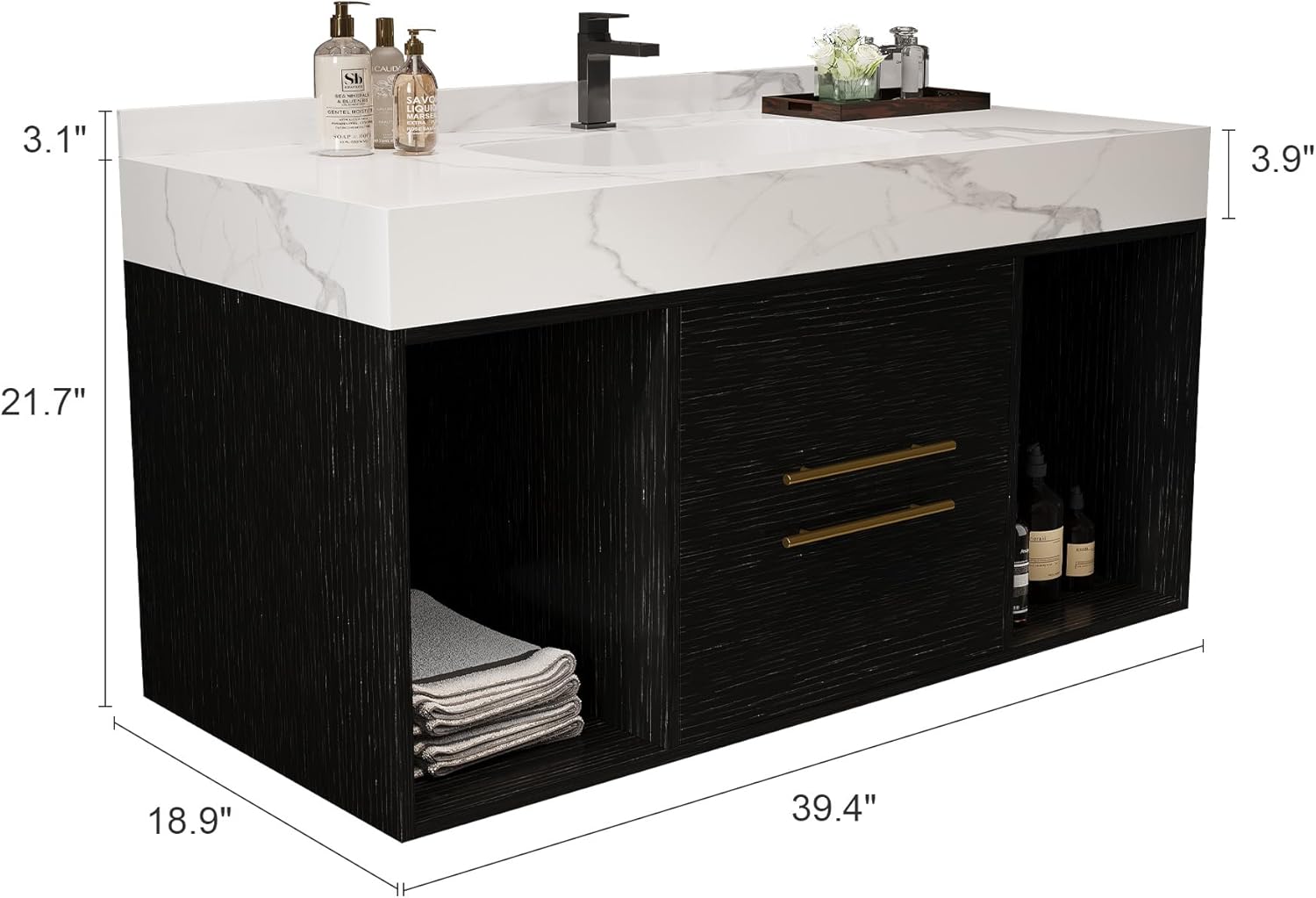39.4" Bathroom Vanities with Ceramic Sink,Floating Bathroom Vanity,Wall Mounted Storage Cabinet with 2 Drawers and 2 Storage Spaces,Modern Bathroom Sink Cabinet with Metal Handles (Black)