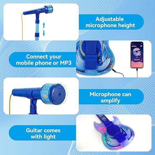 Vista 12 de Juego de guitarra y micrófono para niñas, máquina de karaoke con música y luz, juguetes de micrófono con soporte, juguetes de guitarra de altura
