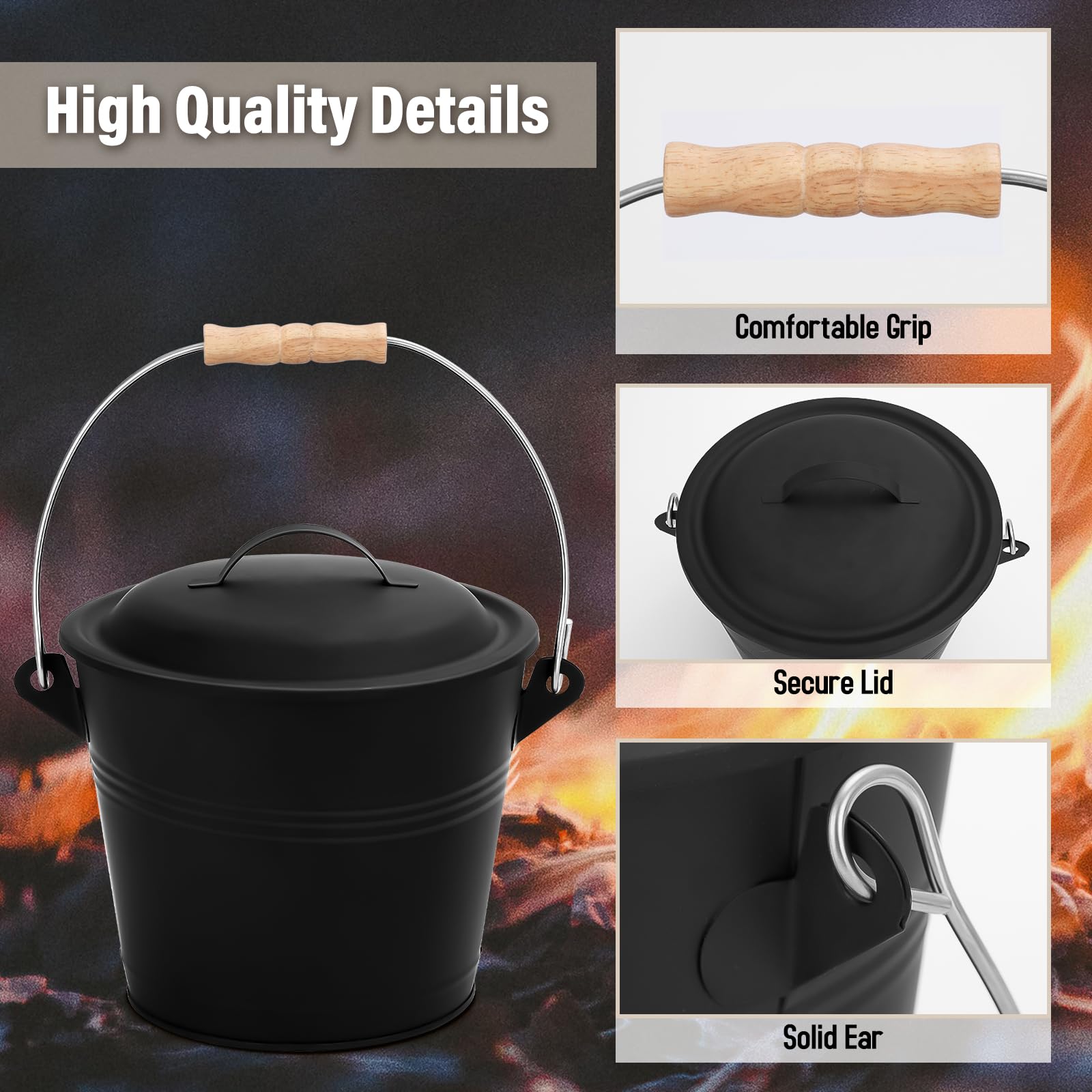 Mini cubo de cenizas con tapa, pala, escoba y destornillador, cubo de metal para chimenea de 1.3 galones, cubo de carbón de pellets para cenizas para chimenea, chimenea, estufas de leña 3
