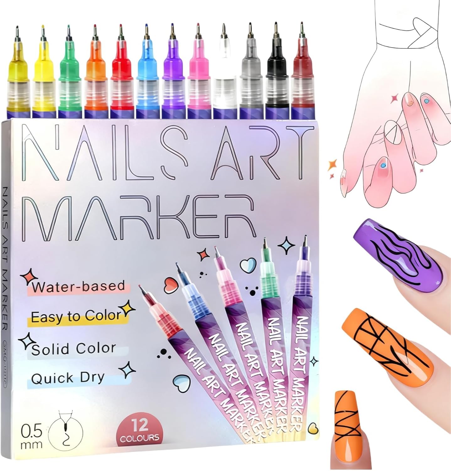 12 Colors Nail Art Pens Set, 2026 Upgraded Nail Art Markers for Kids Adults, Nail Polish Pens, for Diy Nail Art Beauty Adorn Manicure Tools (1Set)