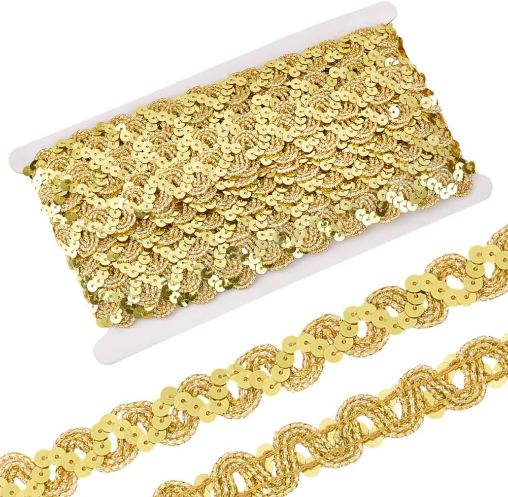 MAYJOYDIY 14 Yards Gold Sequins Trim Ribbon 0.7inch Wave Sequins Beaded Lace Trim Paillette Braid Strip Gimp Braid Fabric Ribbon for Sewing Clothes DIY Crafts Embellishments