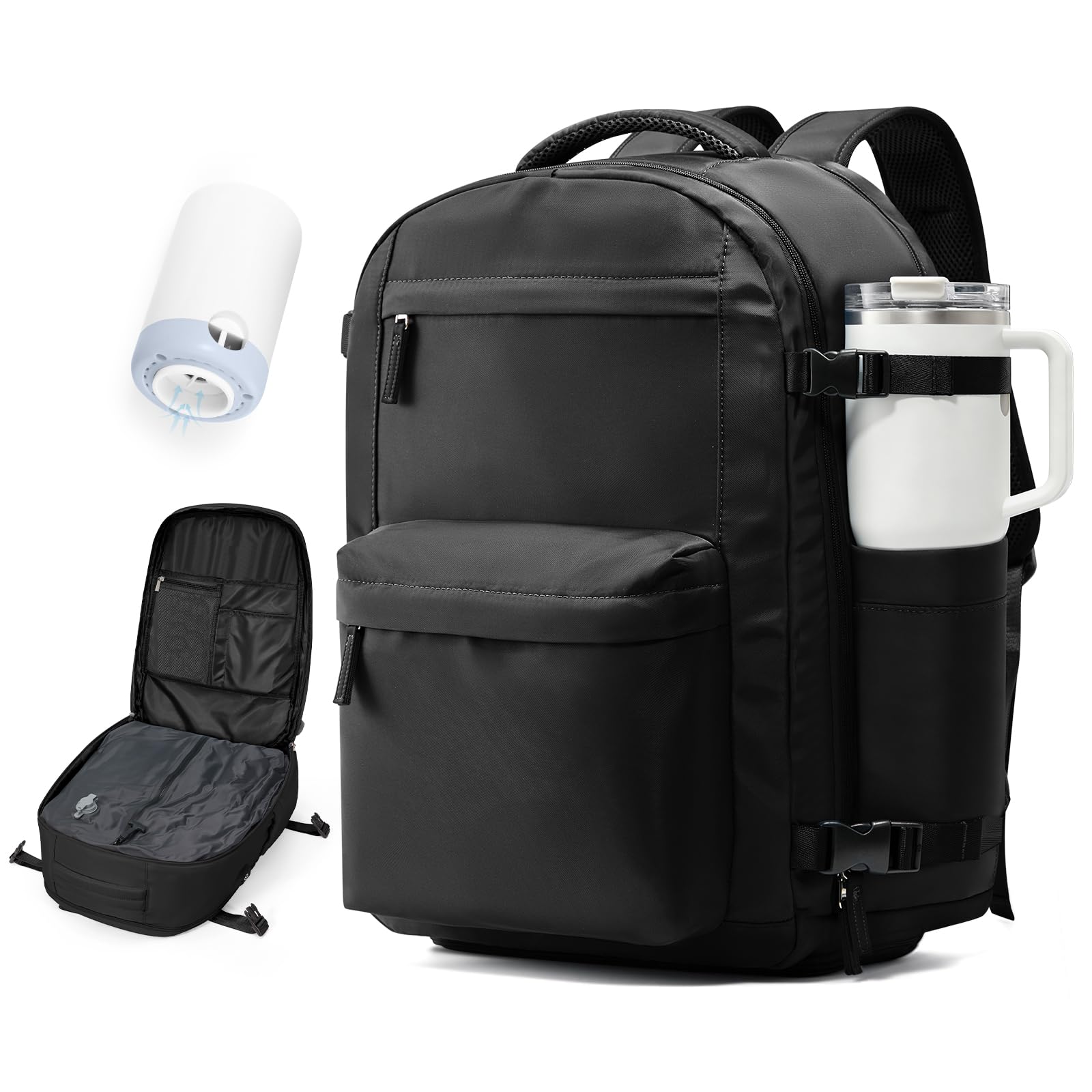 BOXSAM Vakuum Rucksack Handgepäck Flugzeug Tasche Airbag mit Vakuumsystem Reisen Tagesrucksack Ryanair 40x30x25 Rucksack Damen Vacuum Reiserucksack mit Pumpe Wasserdicht Herren Vakuum Koffer.(Schwarz)