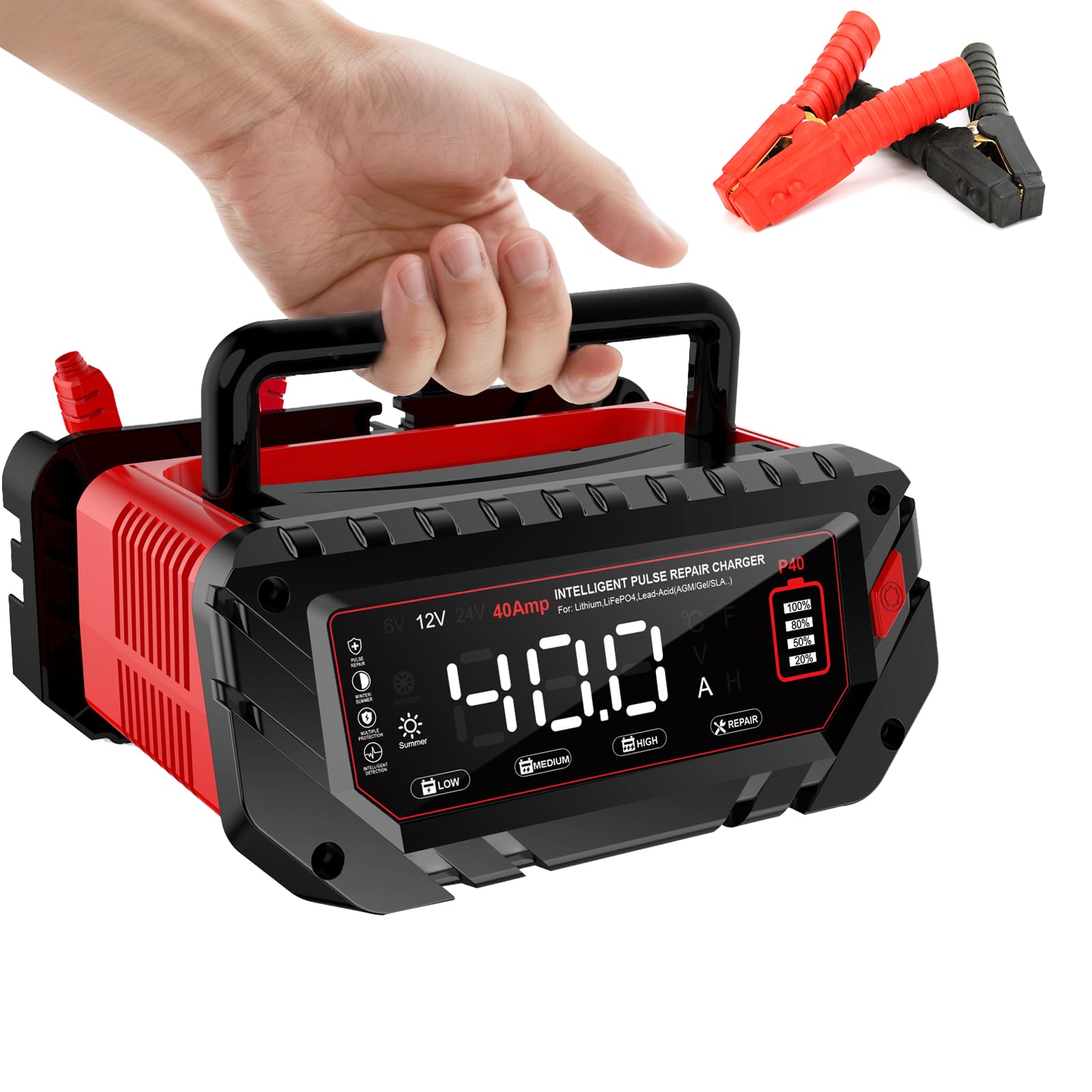 Cargador de Batería Coche Inteligente WARMFORWEL P40 40A, 6V/12V/24V Pulse para Litio/LiFePO4/AGM/Plomo, con Pantalla LCD y Control Temperatura para Camión Motocicleta