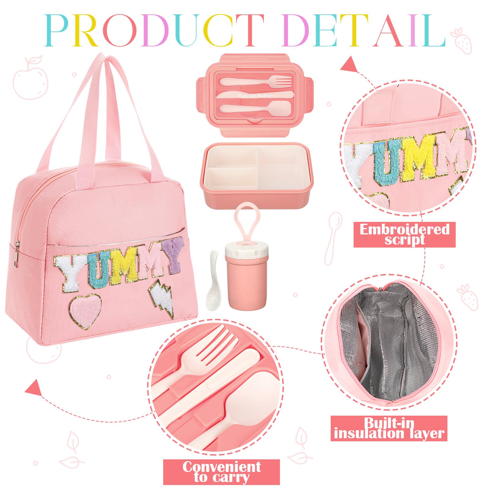 Dandat Preppy Sac à déjeuner pour femme et fille Rose Boîte à bento avec compartiments et tasse à soupe pour filles, adultes, adolescents, école, voyage, pique-nique