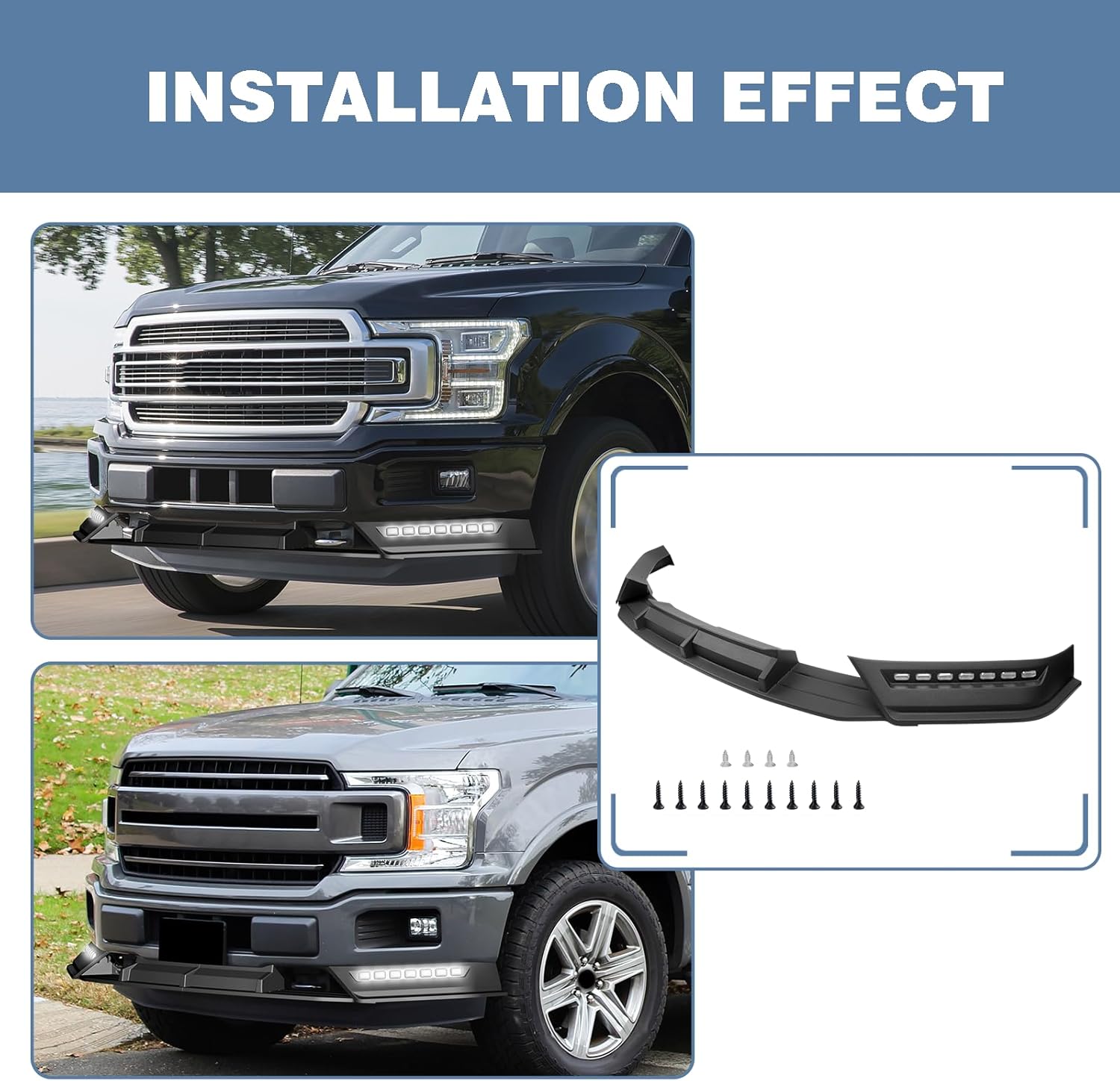 Front Bumper Lip fit for Ford for F-150 2018-2020 LED Sequential Running Lights Spoiler Body Kit,Matt Black ABS Front Lip Spoiler Air Chin Body Kit Splitter（Do Not Fit for Raptor Bumper）