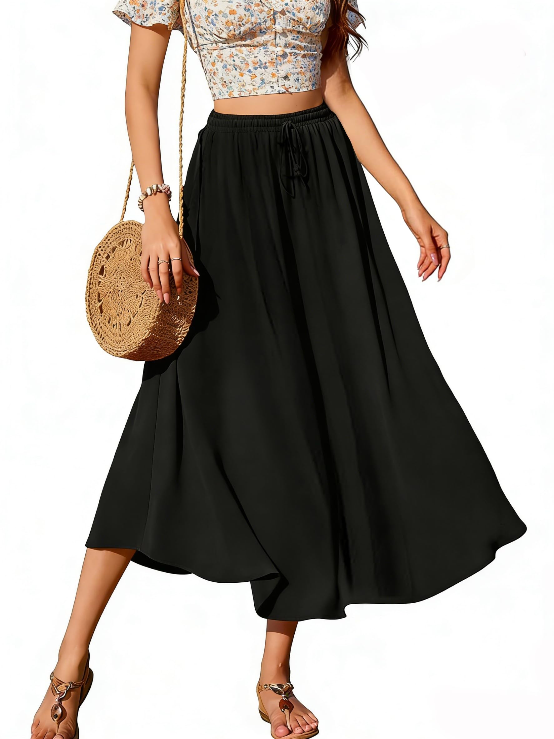 Jupe Femme Casual Jupe D'été Maxi Jupe A-Ligne Élégante Maxirock avec Cordon Longue Jupes Élastiques avec Poches