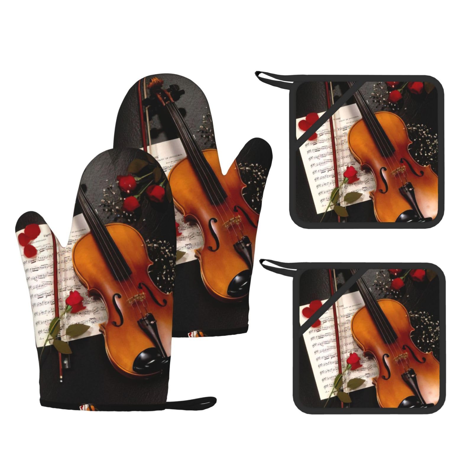 Violin Sheet Music Print Oven Mitts And Pot Holders Pads Set, Oven Glove High Heat Resistant 500 Degree For Kitchen