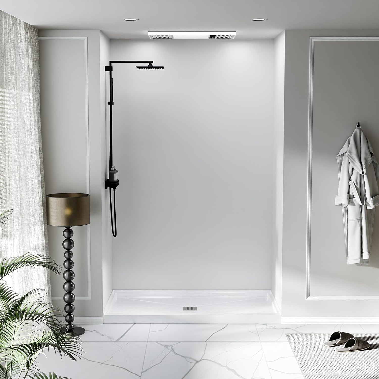 60" x 32" Shower Base Non-Slip SMC Shower Pan with Center Drain, White Bathroom Shower Tray Kit, 304 Stainless Steel Square Drain Cover, Single Threshold Floor for Easy Installation