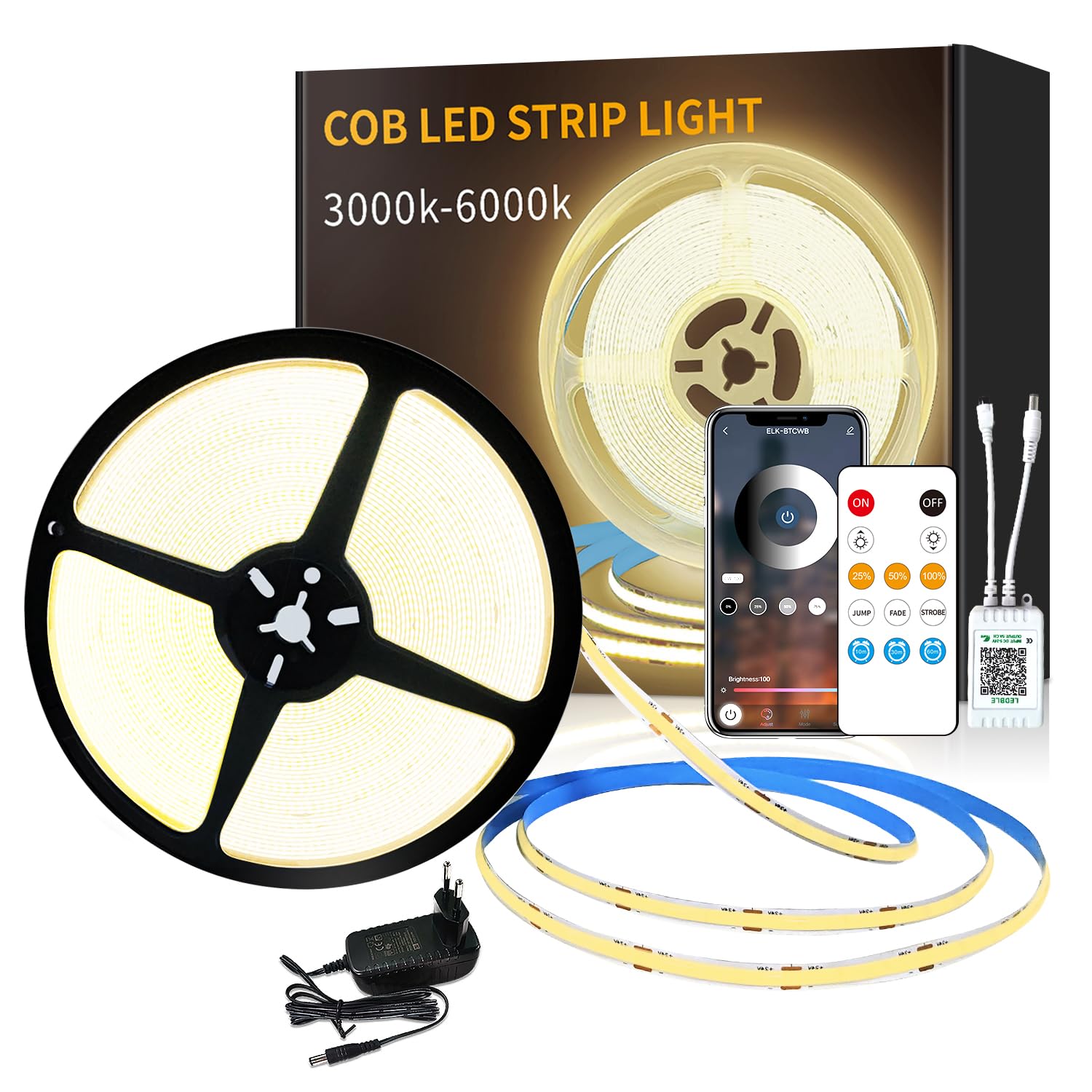 COB Ruban LED 15M Contrôle APP avec Télécommande Bande LED COB Flexible Dimmable DC24V 3000K Blanc Chaud Convient pour Chambre Chambre DIY Décoration