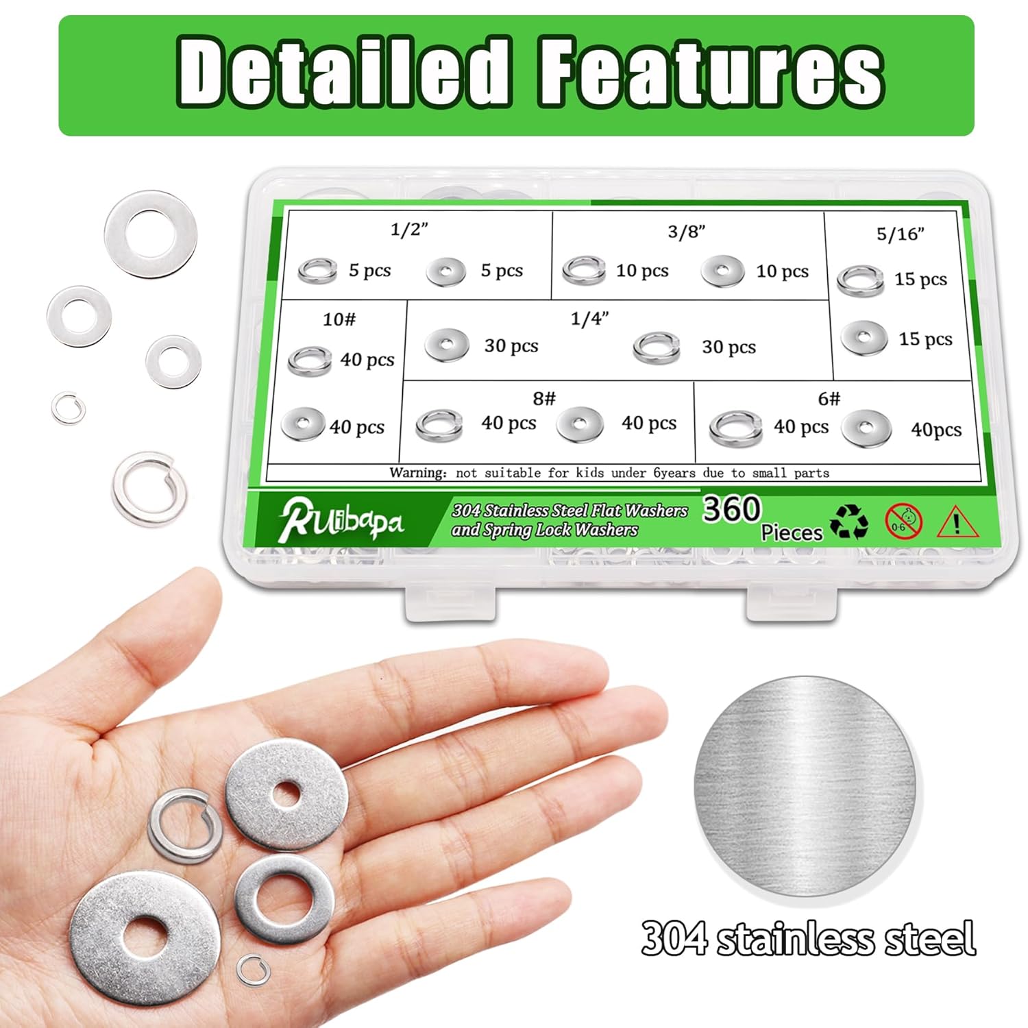 360 Pcs Flat Washer and Spring Lock Washers Assortment Kit,7 SAE Sizes Washers for Bolts（1/2, 3/8, 5/16, 1/4, 10#, 8#, 6#）,304 Stainless Steel Lock Washers & Flat Washers for Screws Bolts