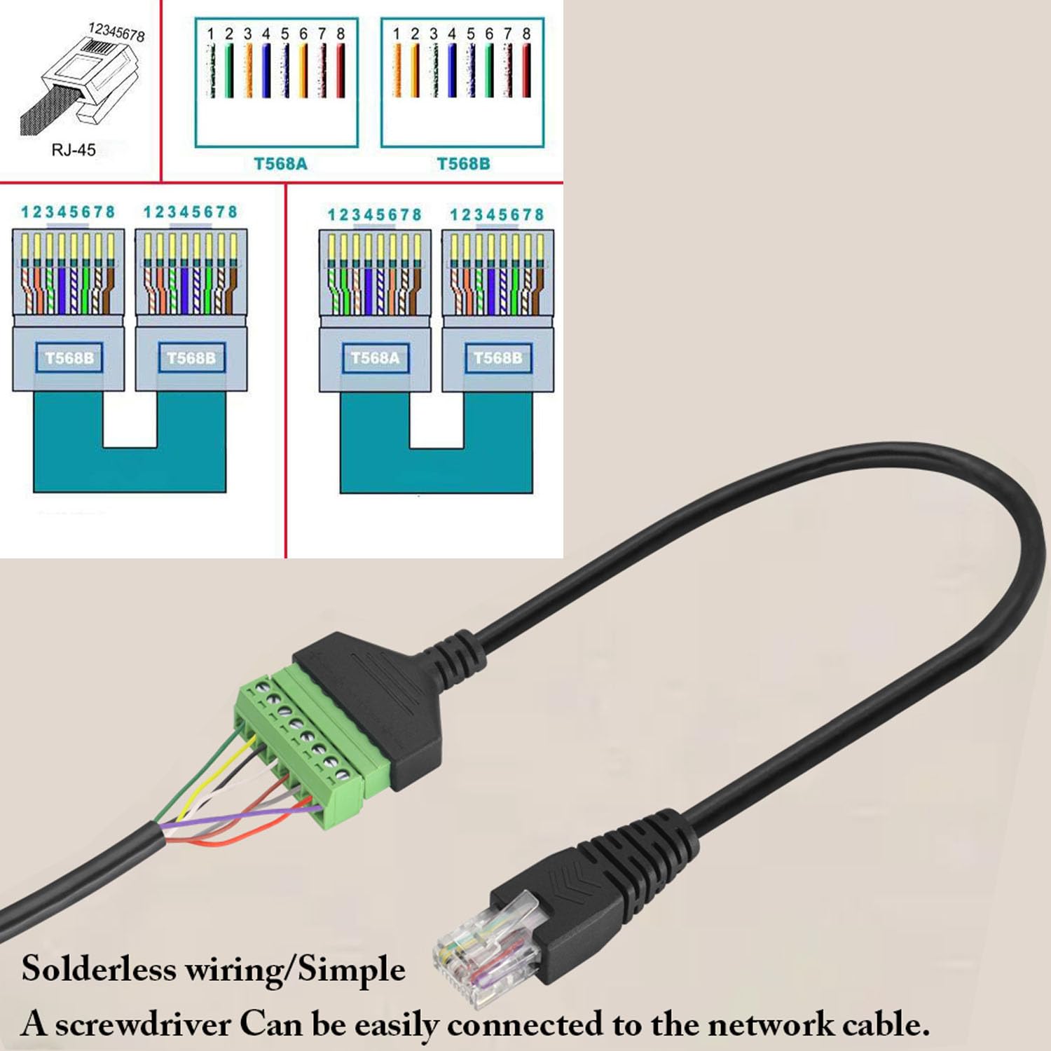2 Conectores RJ45 A 8 Pines Sin Soldadura - Cable De 30 Cm, Compatible Con Cat5/Cat6, Para Redes, CCTV, DVR - Fácil Instalación Con Destornillador