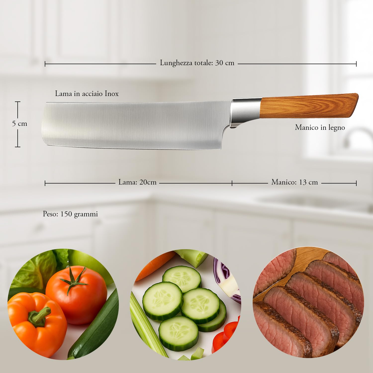 Mannaia da Cucina in Acciao Inox - Lama da 20 cm - Coltello affilato per tagliare Alimenti - Impugnatura Ergonomica in legno - Coltello da Cuoco e Macellaio