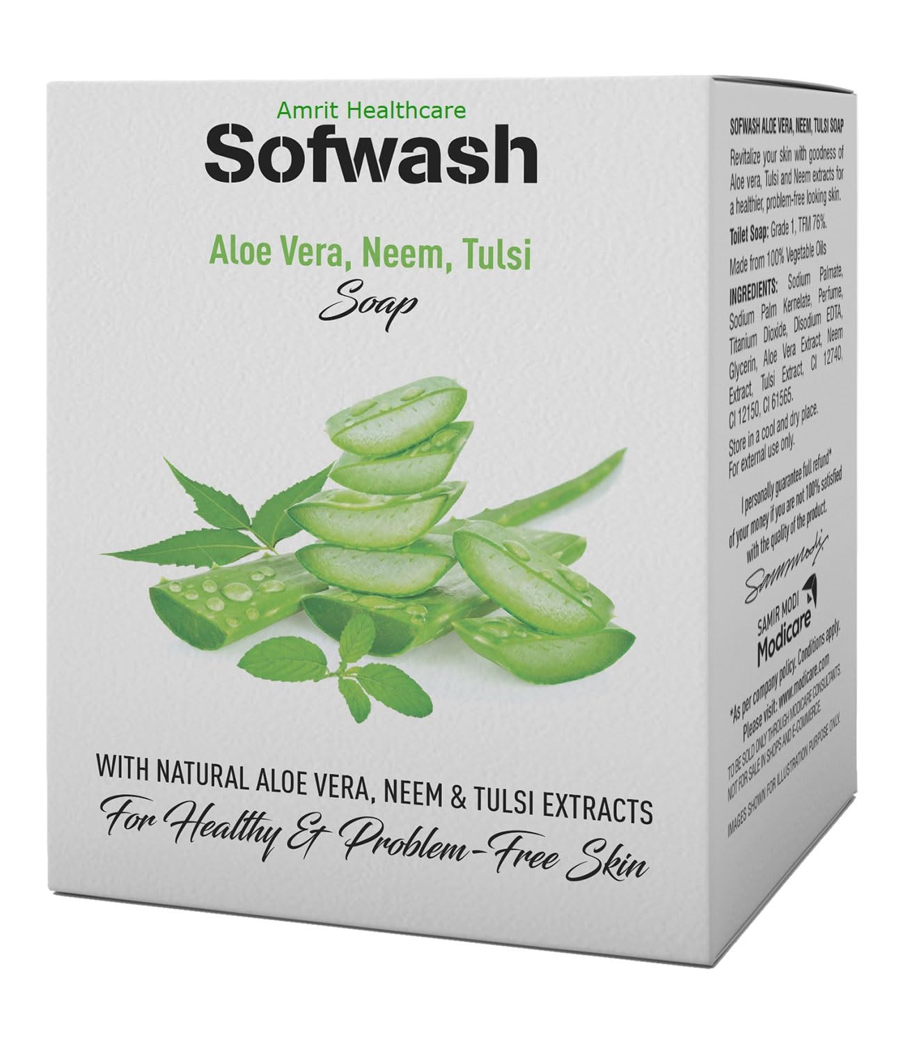 Amrit Healthcare Sofwash Aloe Vera, Neem, Tulsi Soap (For Pimples, Acene Control) 4 Unit X 75 G Each