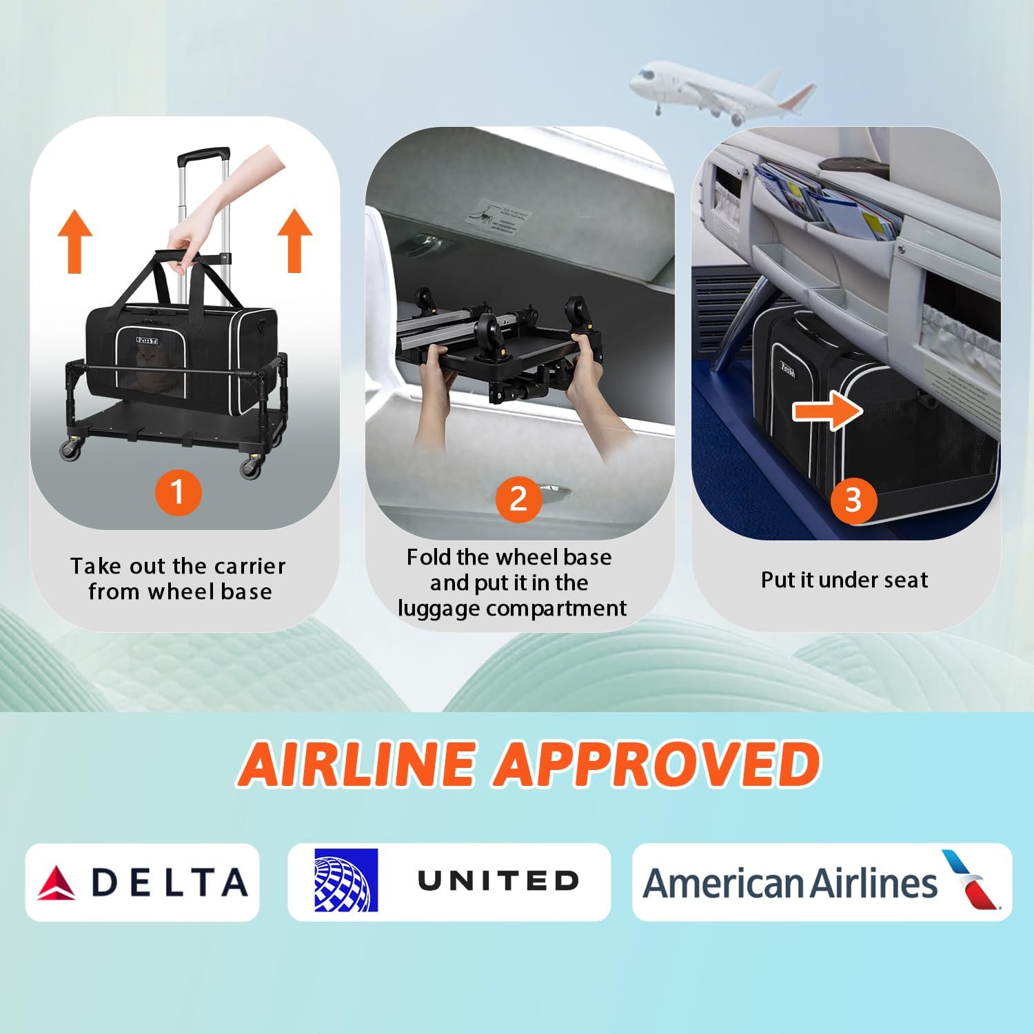 petskd small pet carrier with wheels(18" l x 11" w x 11" h), delta/american/united airlines approved, rolling pet carrier for small dogs & cats (black) 18.0"l x 11.0"w x 11.0"h black and wheeled