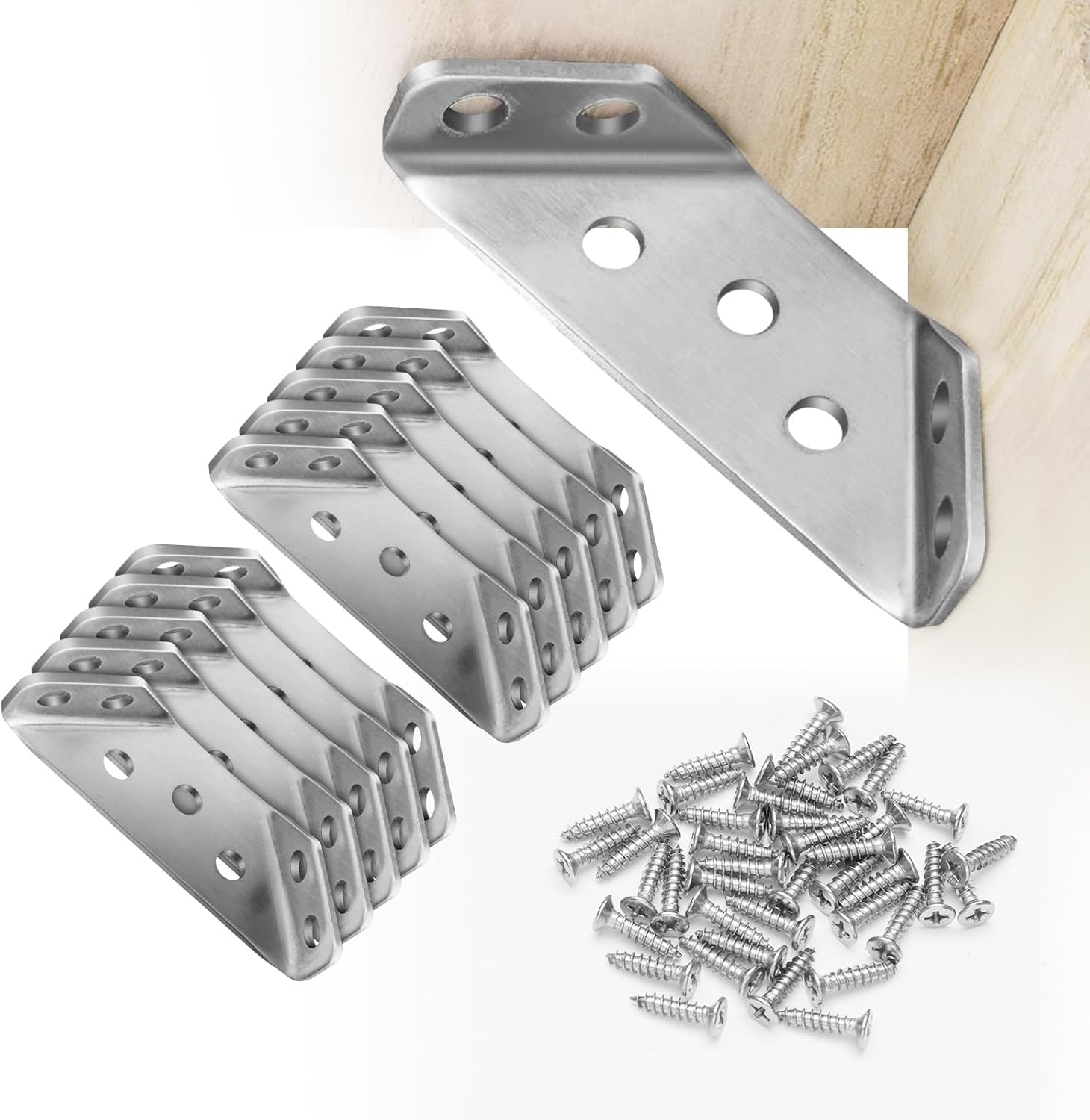 10PCS Corner Connectors, Stainless Steel Universal Corner Braces, Premium Angle Corner Brackets with Screws, Furniture Triangle Support for Wood Shelf, Cabinets, Tables, Chairs-image-2