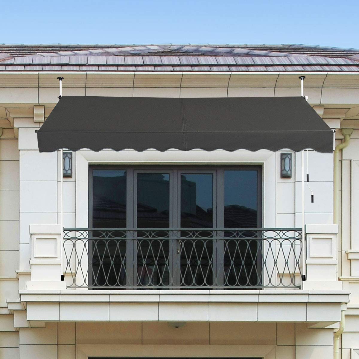 COSTWAY Klemmmarkise 300 cm breit, Balkonmarkise ohne Bohren, UV-beständig, höhenverstellbar, wasserabweisend, Markise mit Handkurbel, Sonnenmarkise, Sonnenschutz für Balkon, Grau