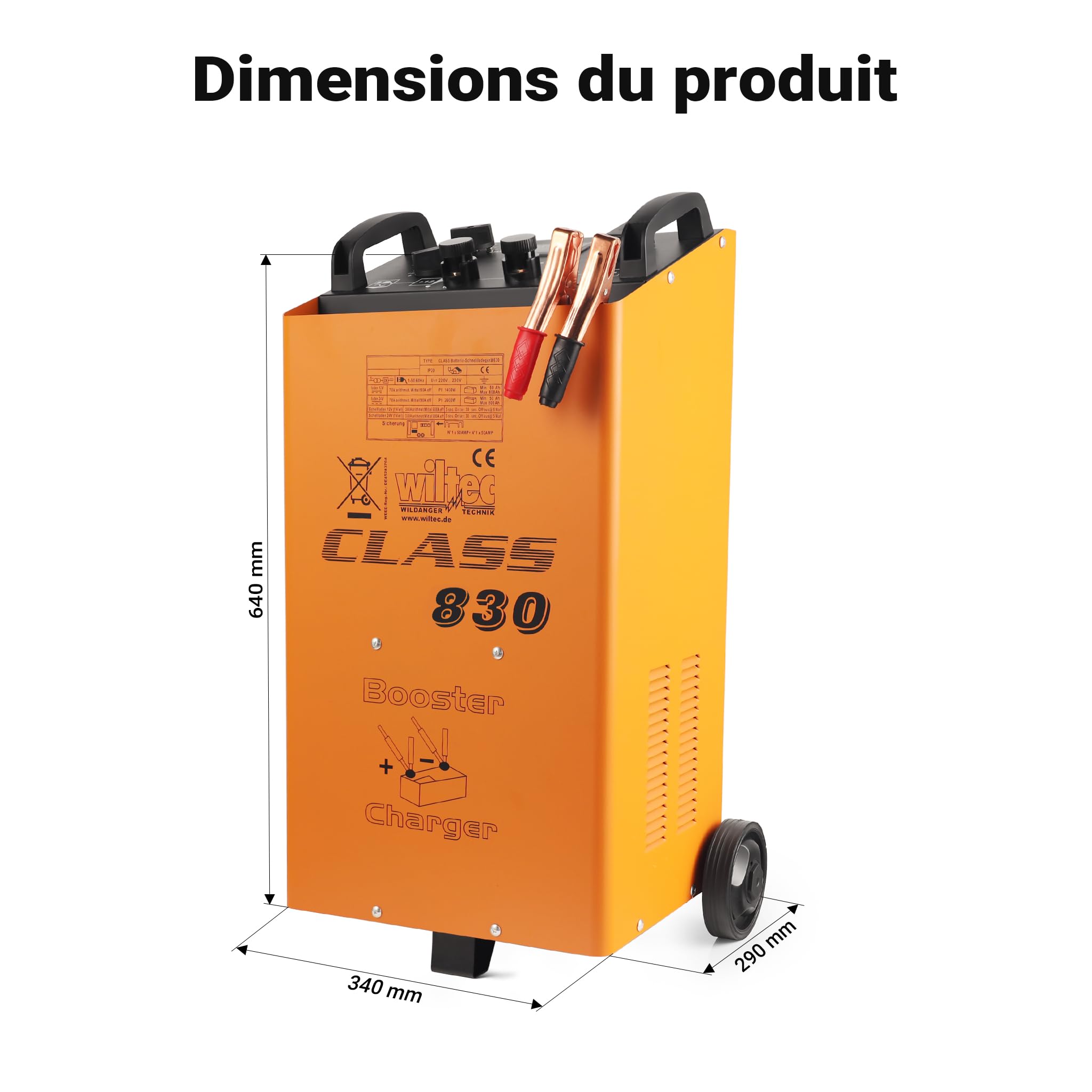 Wiltec Chargeur de Batterie 12 V/24 V Boost 830 – Puissance 1100-2200 W – pour Batteries 50-900 Ah – Chargement Rapide de Bus, Motos, camions, Voitures