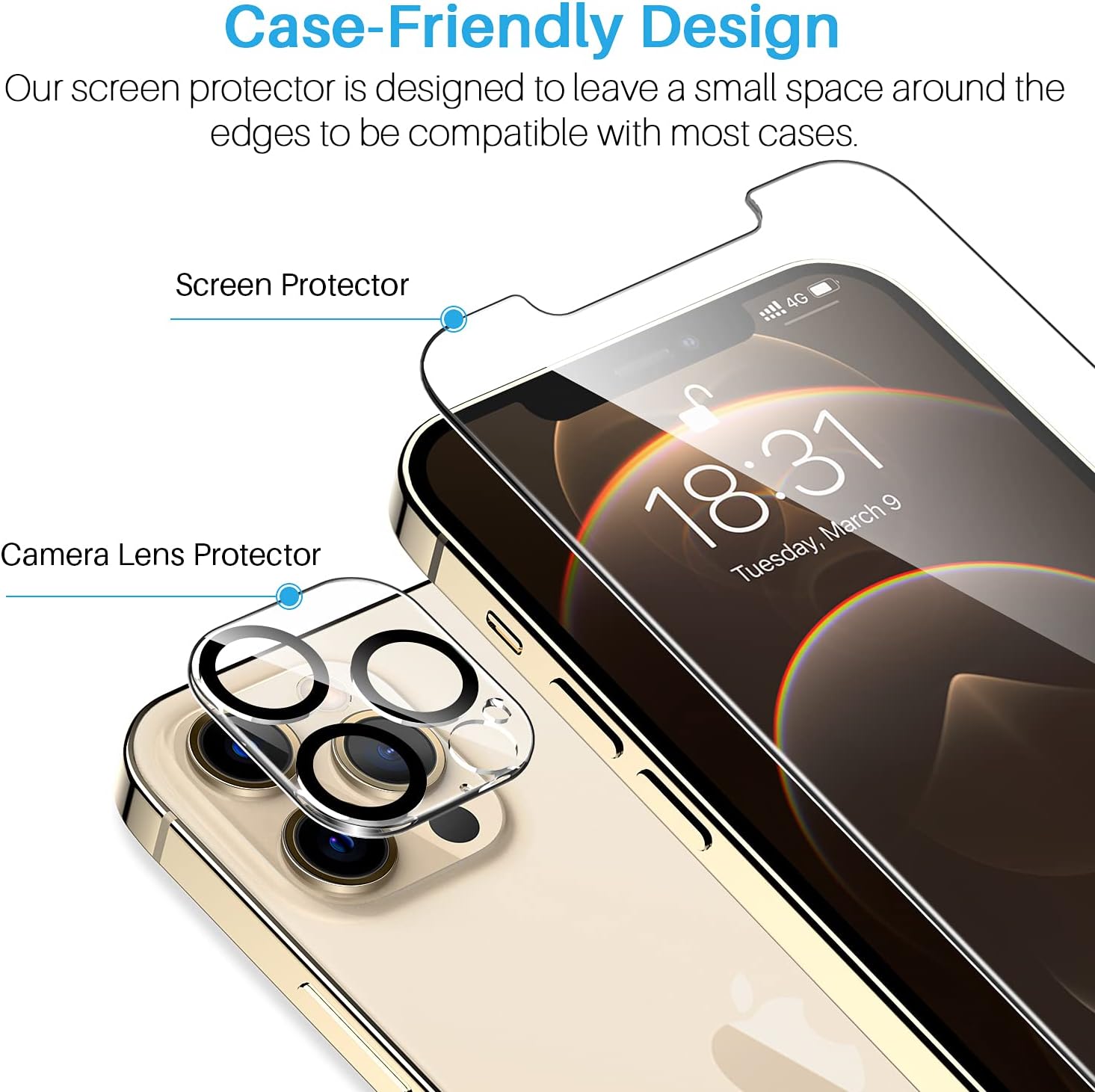 LK 3+3 Tempered Glass Compatible with iPhone 12 Pro (6.1 inches), 3 x Screen Protectors and 3 x Rear Camera Protectors, Scratch-Resistant and Bubble-Free Screen Films with Installation Frame (Ultra-HD)