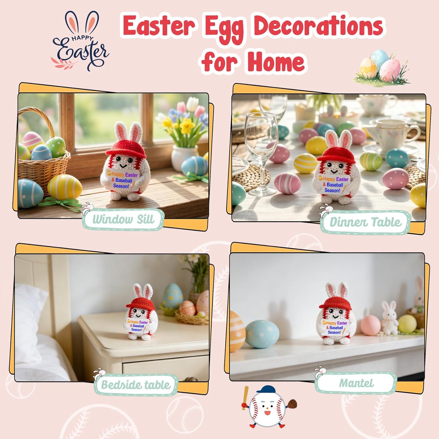 Easter Basket Stuffers for Teens Kids, Easter Gifts Crochet Baseball with Bunny Ears, Jesus Christian Non Candy Egg Fillers Toy for Boys & Girls 8-12, 6-8, Tweens 10-12 Year Old