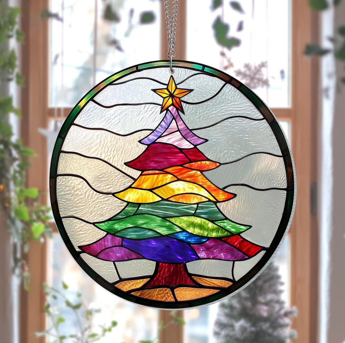 Tree Painted Faux Stained Glass Suncatcher, Holliday Window Hanging Decor, Outdoor Sun Catcher Winter Snowman, Festive Mirrorball Wall Decor, Xmas
