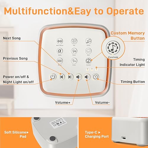 Miniatura 4 de Máquina de ruido blanco, máquinas de sonido recargables symoode con luz nocturna cálida para dormir, 15 sonidos relajantes naturales sin bucle,