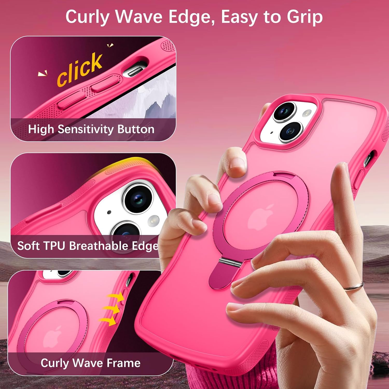 BENTOBEN for iPhone 15 Plus Case with Invisible Magnetic O-Ring Stand, [Compatible with Mag-Safe] Wavy Curly Magnetic Translucent Matte Shockproof Kickstand Cover for iPhone 15 Plus 6.7'' Hot Pink - Image 3