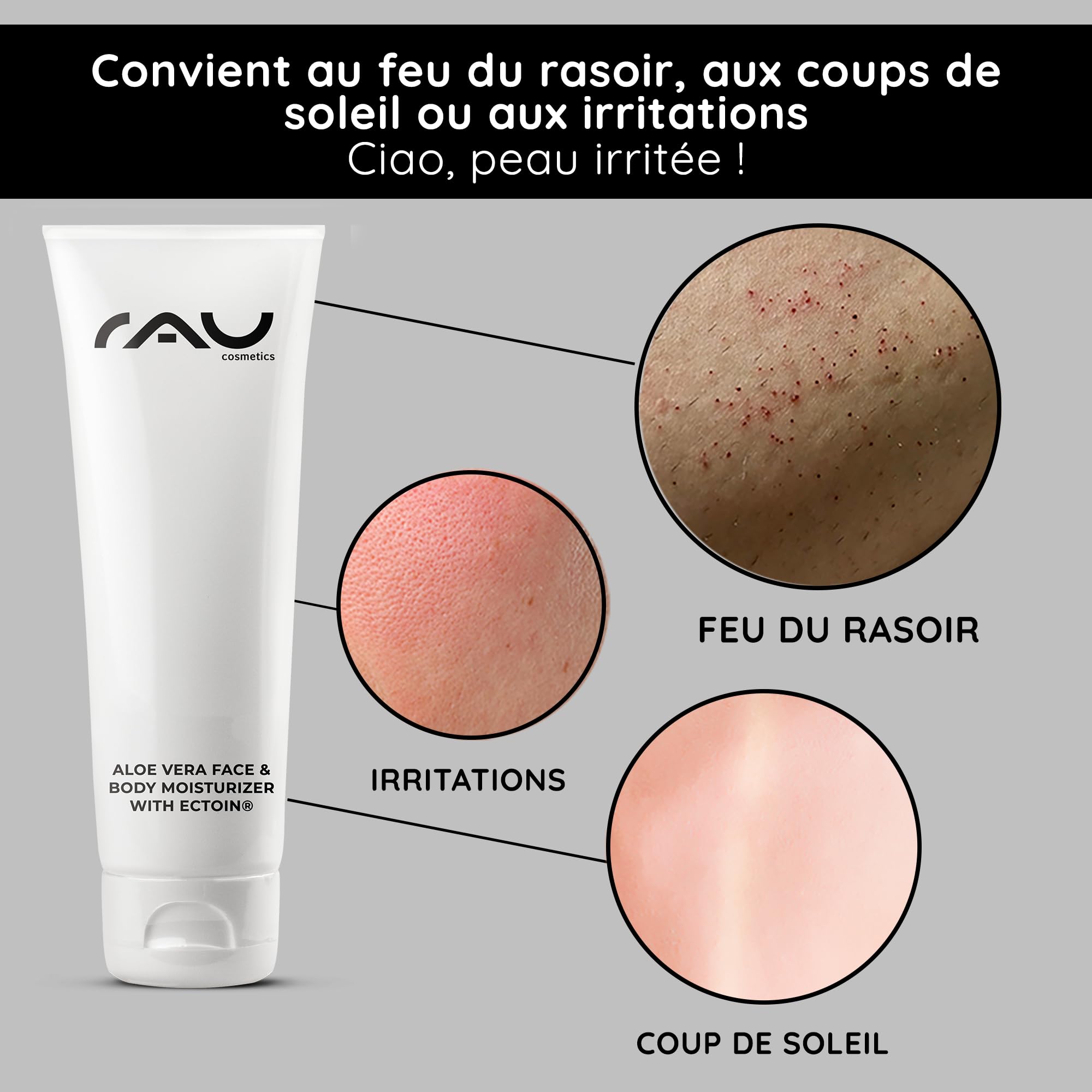 RAU Cosmetics Aloe Vera Gel Hydratant Visage & Corps 75 ml - Soin à l'Ectoïne, Centella Asiatica & Panthénol - Gel Apaisant Peaux Sensibles et Irritées