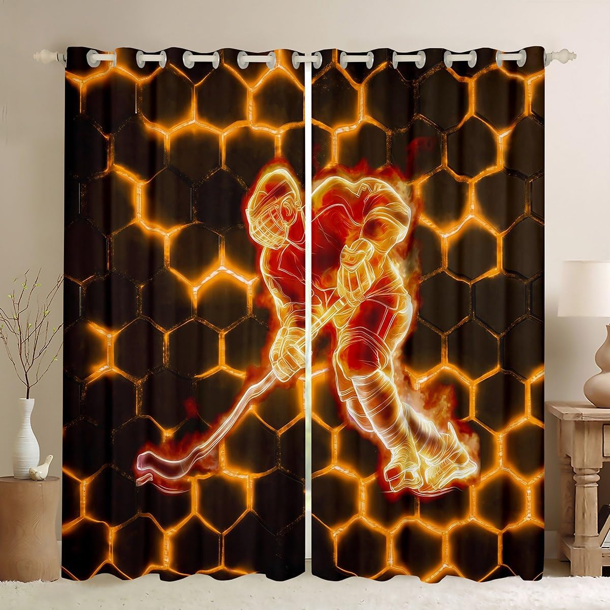 Erosebridal Ice Hockey Curtains Blackout Neon Orange 3D Honeycomb Curtains & Drapes,Pucks Gifts Sports Window Curtains for Living Room,Hexagon Beehive Window Treatments 2 Panels 42" Wx90 L