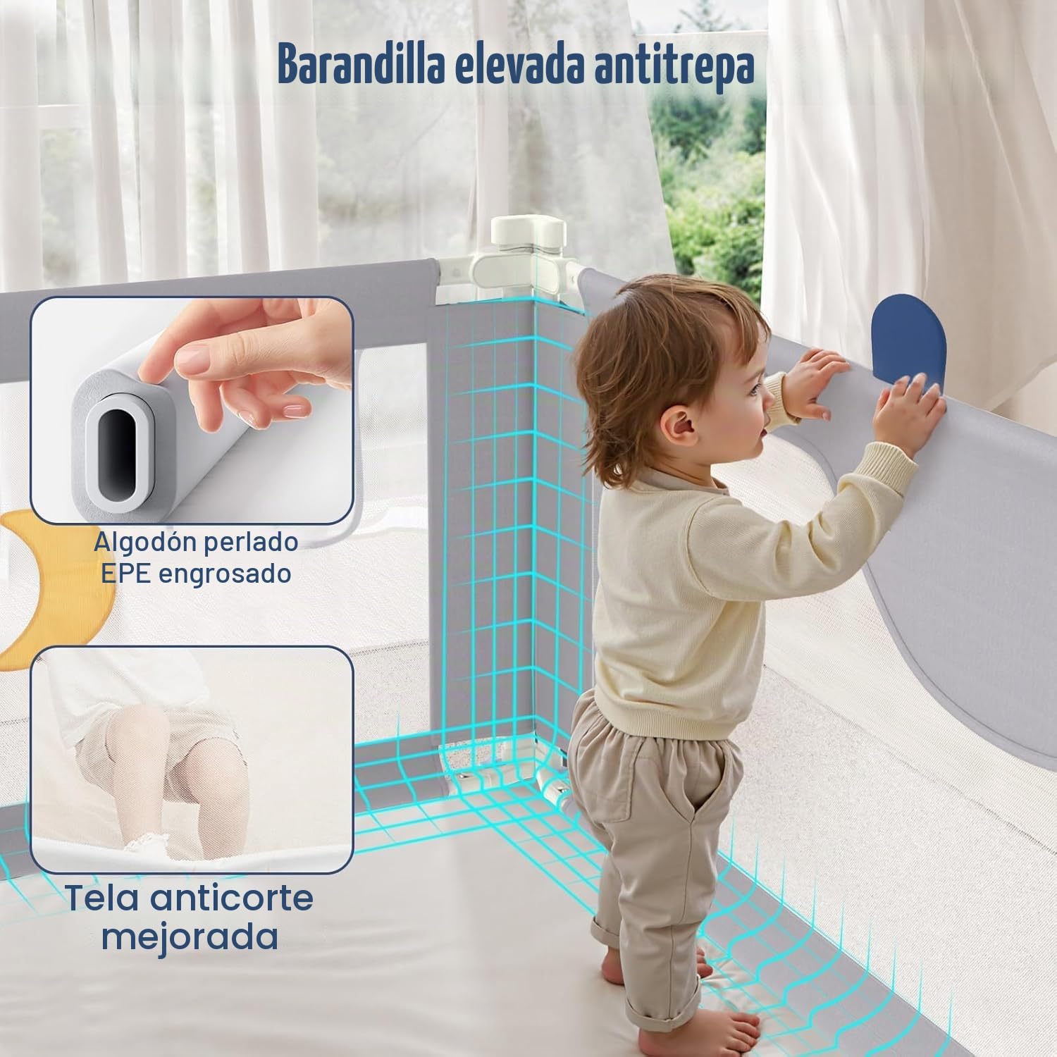 G TALECO GEAR 3 barandillas de protección contra caídas para niños pequeños con barra de cabecero, barandilla ajustable para cuna infantil, protección contra caídas (2 x 200 cm + 1 x 190 cm)