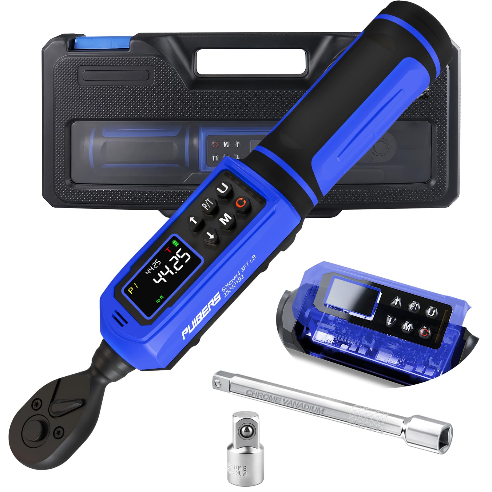 Llave dinamométrica digital de 3/8 pulgadas, 0.66-44.3 pies, LB (0.9-60 Nm), llave dinamométrica electrónica ± 1% de precisión, 5 unidades, con barra de extensión adaptador de 1/4 pulgadas
