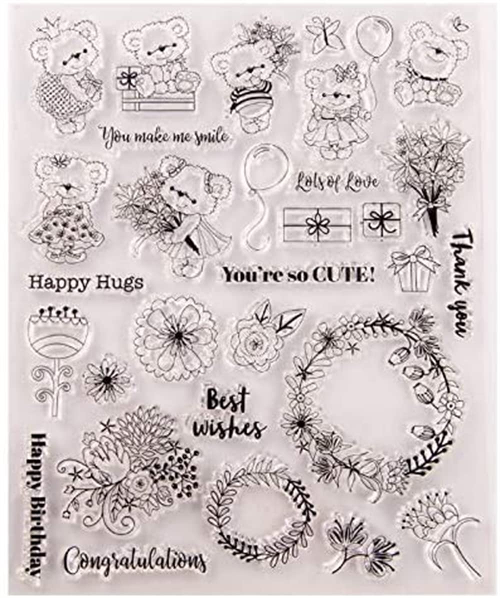 ELECDON Transparent Seal, 1PC Cute Bear Pattern DIY Transparent Stamp Rubber Stamp, Happy Hugs Flower Clear Stamp for Card Making Decoration and Scrapbooking 16X20CM