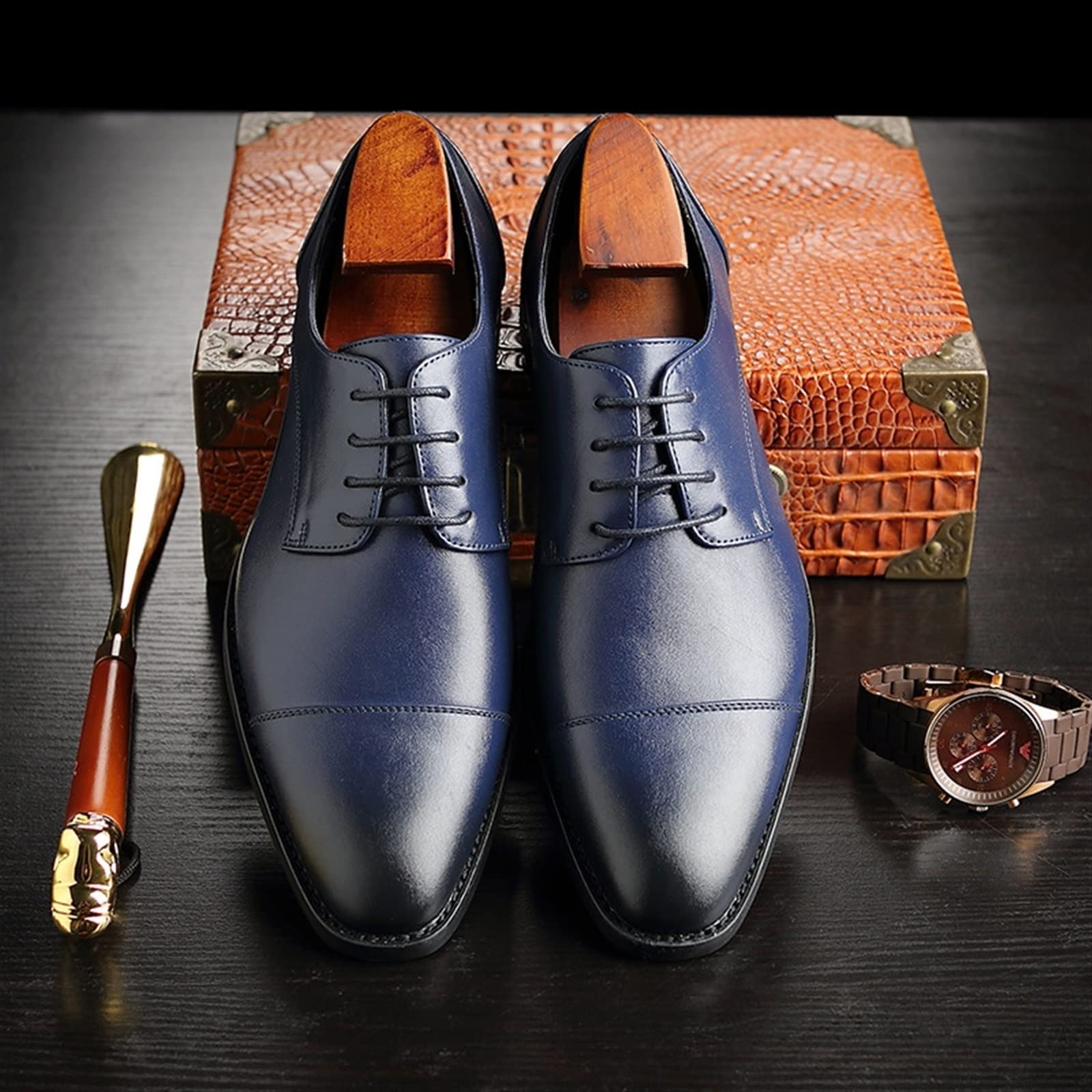 Formal Shoes for Men Lace Up cap Toe Black Burnished Toe PU Leather Low Top Block Heel Rubber Sole Prom Scarpe da Cerimonia