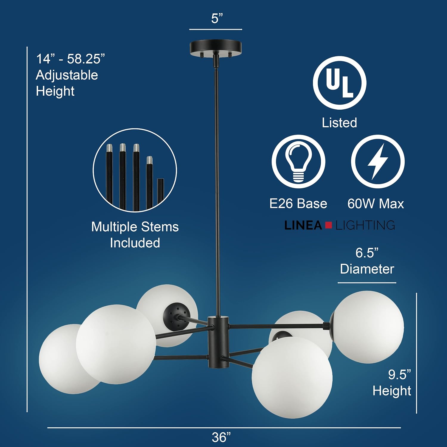 Linea di Liara Black Modern Chandelier Light Fixture, Glass Globe, Dimmable, UL Listed, Compatible with Standard Bulbs, Easy Installation, Ideal for Dining Room, Bedroom, Kitchen