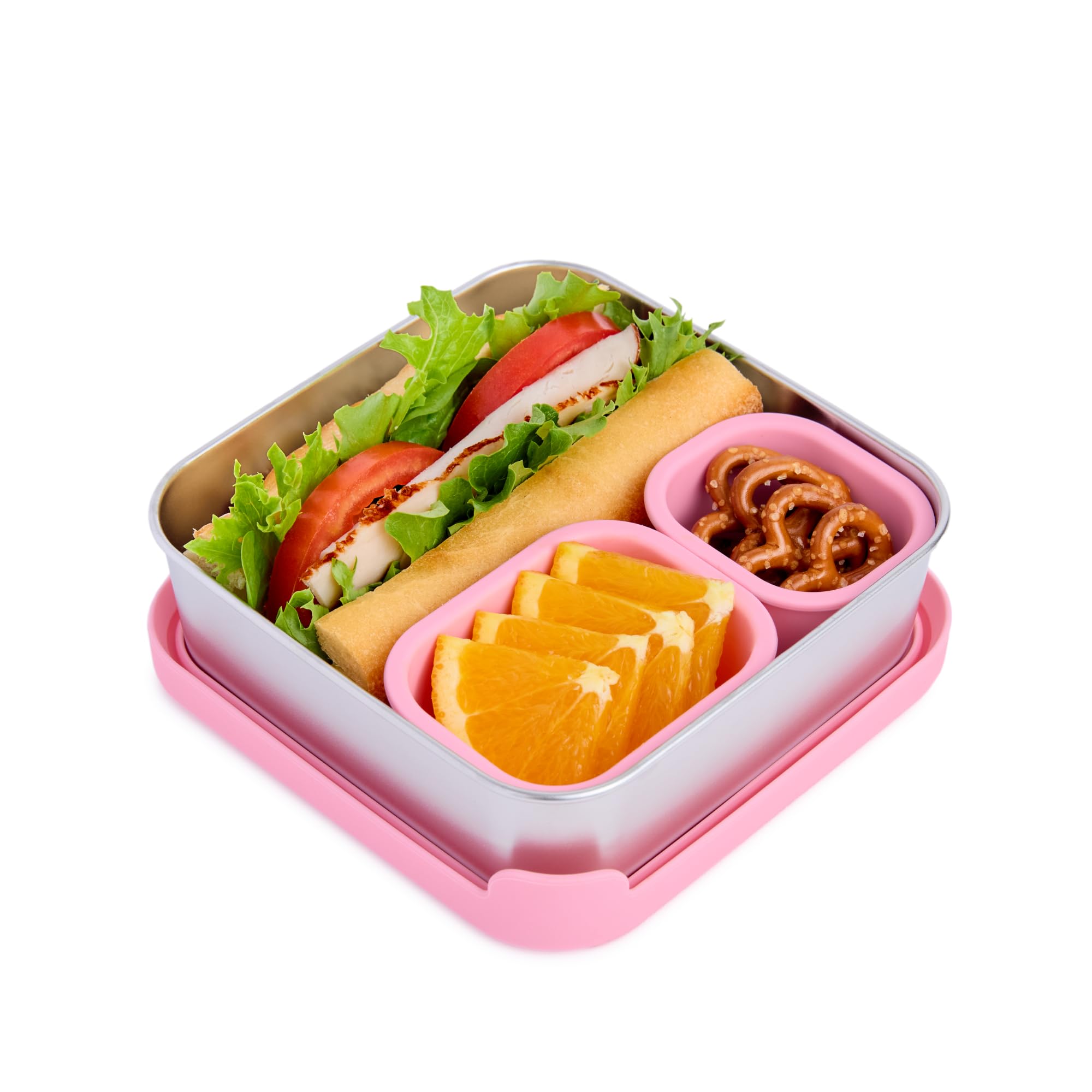 good bare stainless steel sandwich container – non-toxic lunch box, leakproof, dishwasher safe, plastic-free metal snack box for salad, fruit, or leftovers, bonus pods (sweet pink)