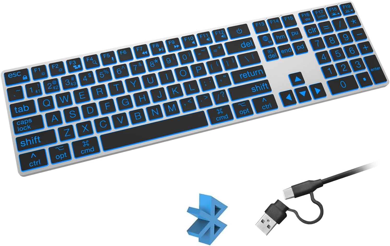 大号打印铝蓝牙键盘，7 背光电脑有线键盘，用于 iPad 的数字键盘，全尺寸超薄安静，适用于 iMac，MacBook Pro/Air（银黑色）