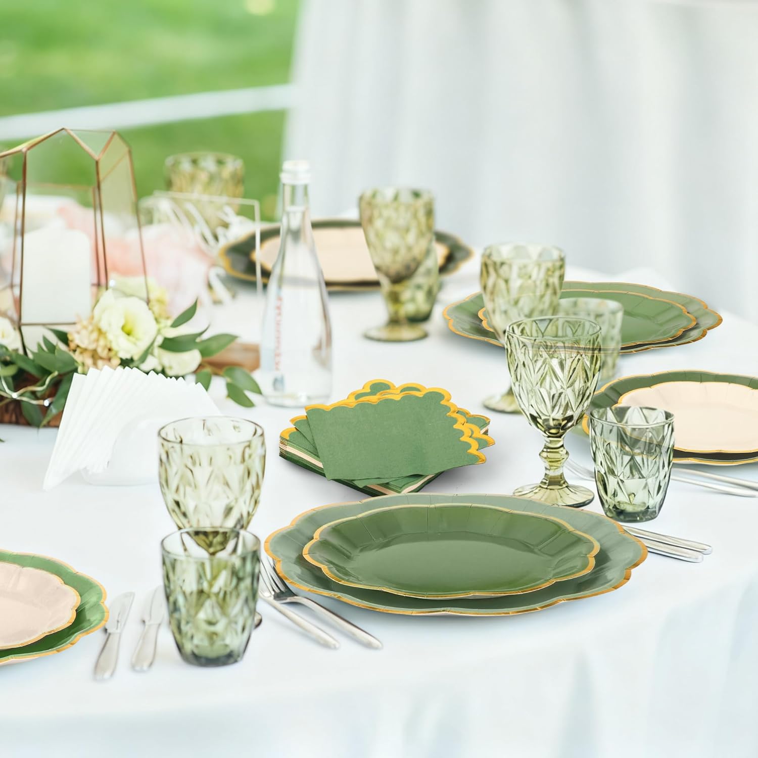 Kochorie 100 Pcs Sage Green Paper Plates and Napkins Gold Foil Scalloped Paper Plates & Napkins Disposable Tableware Set for Birthday Wedding Baby Shower Party Decorations