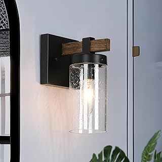 Sconces Wall Lighting, 1-Light Black and Faux Wood Wall Sconce Light, Mo...
