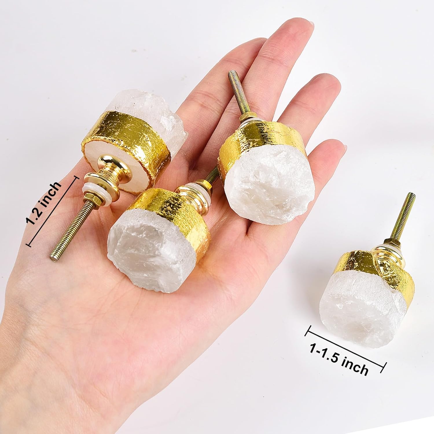 JIC Gem 4 Pack Crystal Cabinet Knobs Natural Clear Quartz Stone Gold-Plated Door Handles Cupboard Dresser Drawer Pulls Home Office Decor