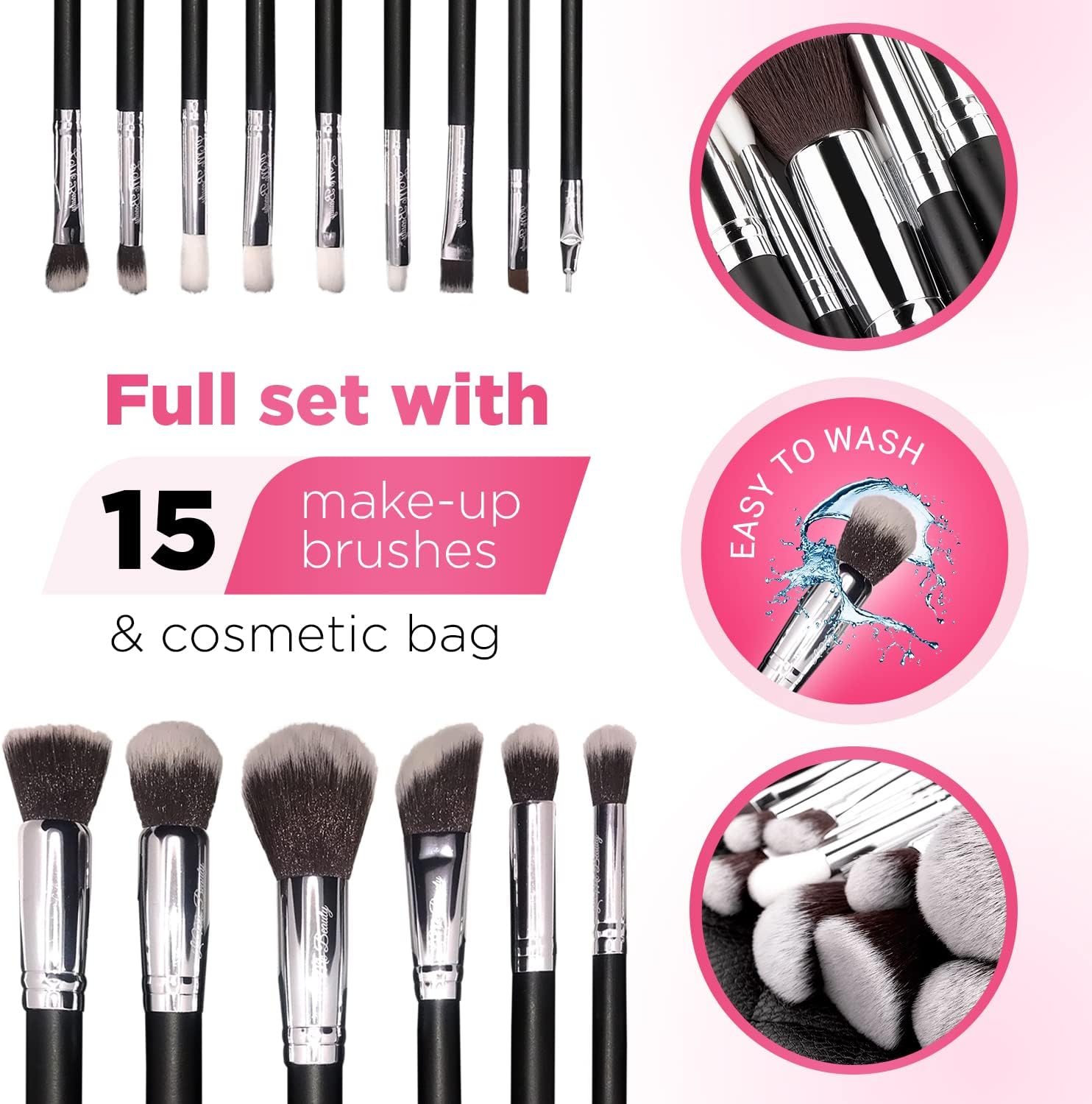 15pc Makeup Brush Set, Black & Silver with Black Bag - Image 4