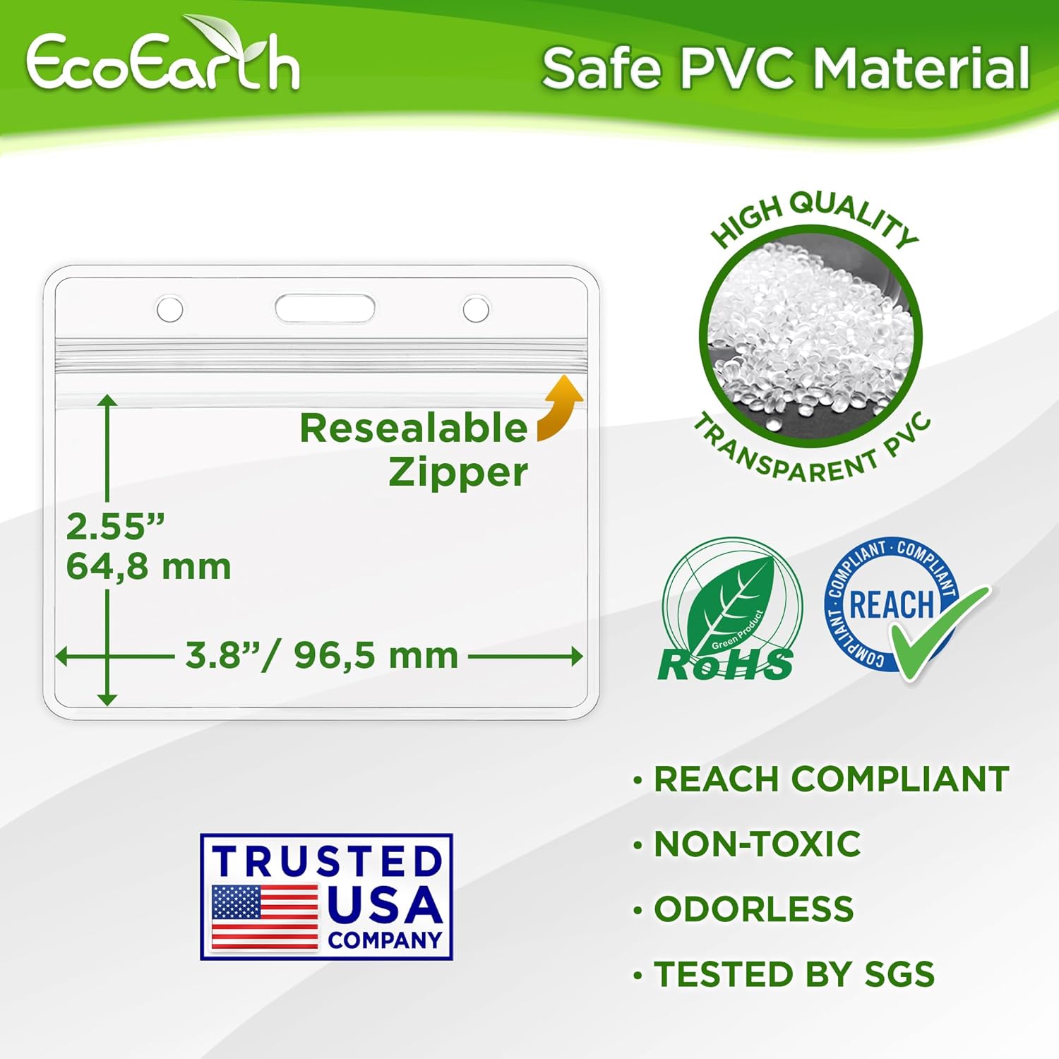 EcoEarth - Horizontal Card Protector w/Soft Edge - Sealable Fits 3.5x2.25 Inch Insert, Clear, 250 Pack - Waterproof ID Badge Holder - Plastic Name Tag Holder Bulk